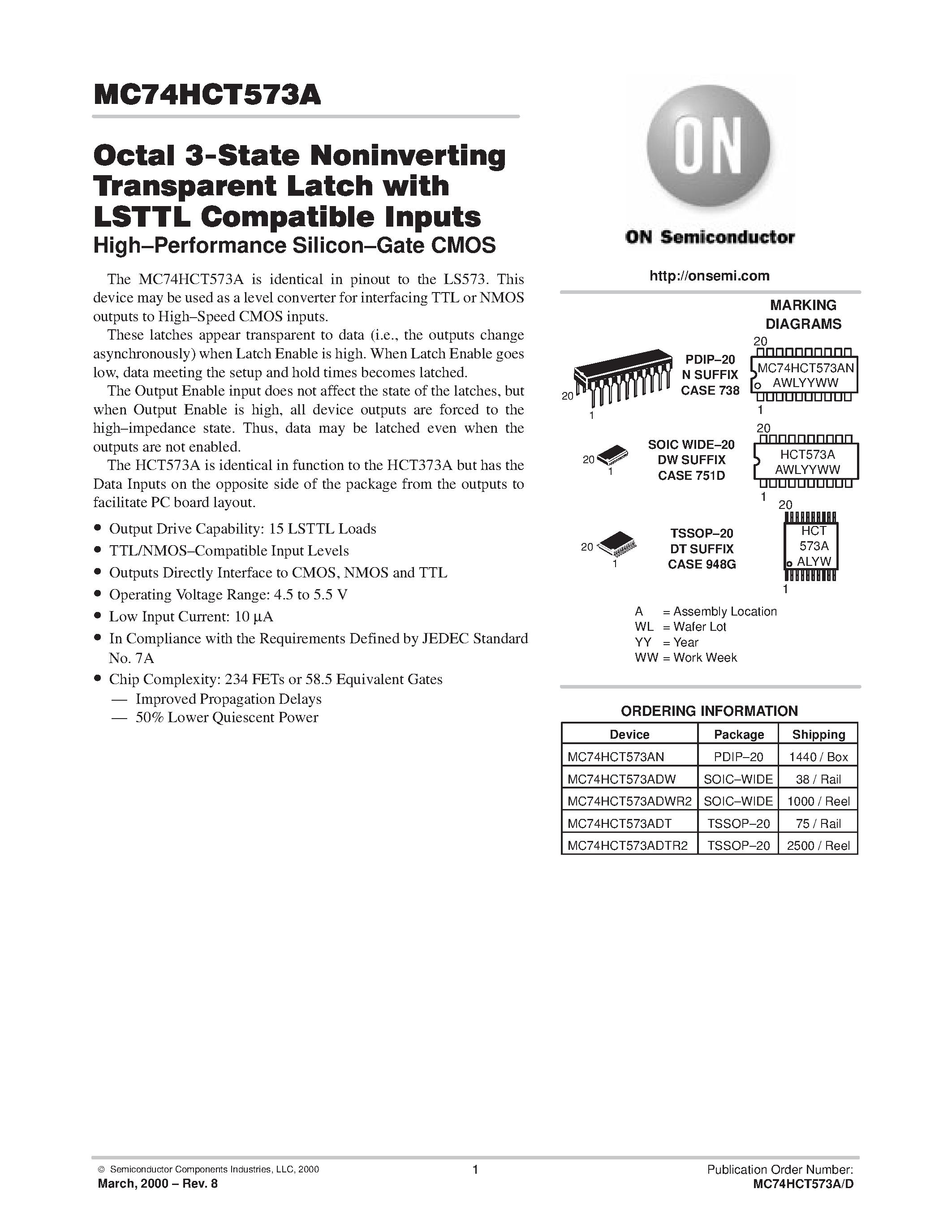 Даташит MC74HCT573A - Octal 3-State Noninverting Transparent Latch with LSTTL Compatible Inputs страница 1