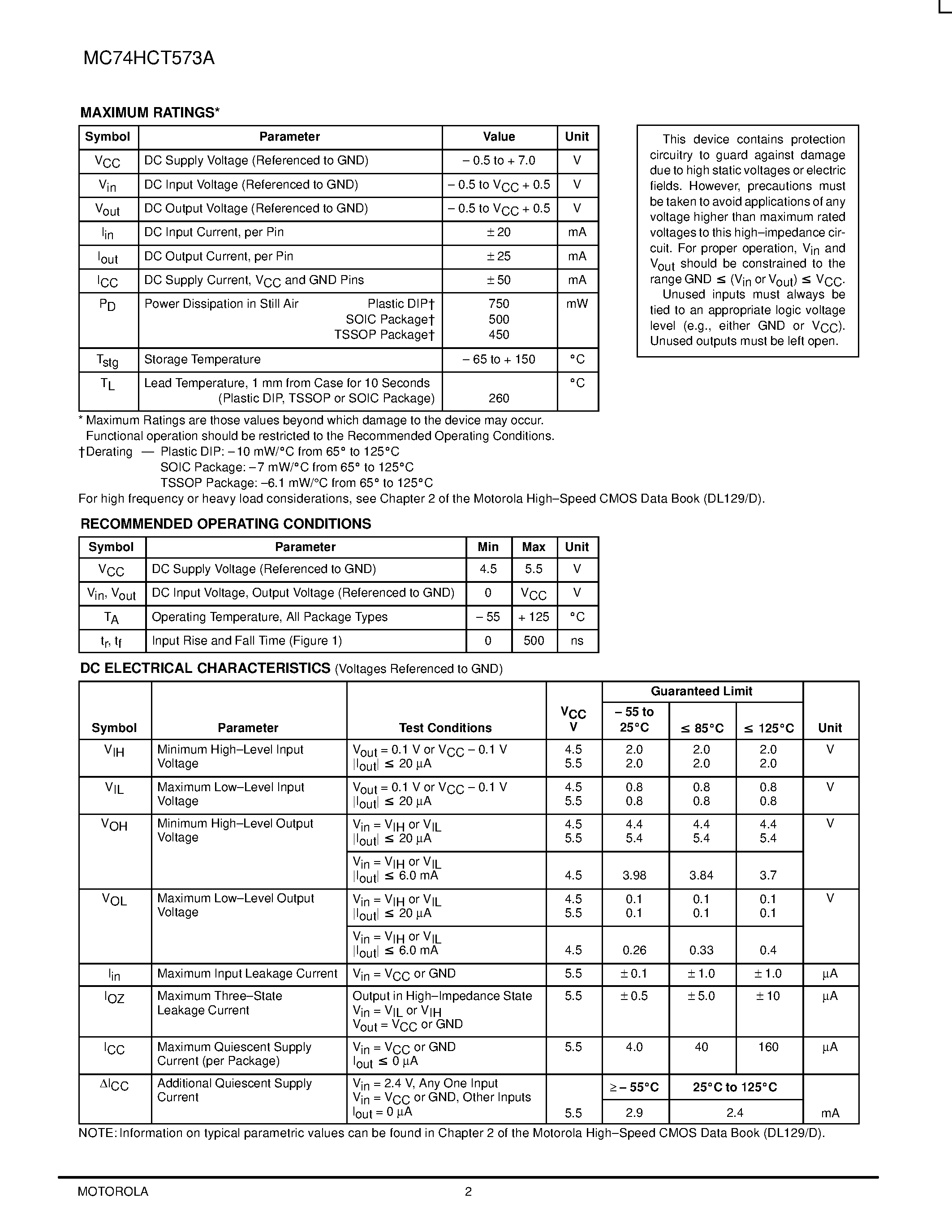 Даташит MC74HCT573A - Octal 3-State Noninverting Transparent Latch with LSTTL Compatible Inputs страница 2