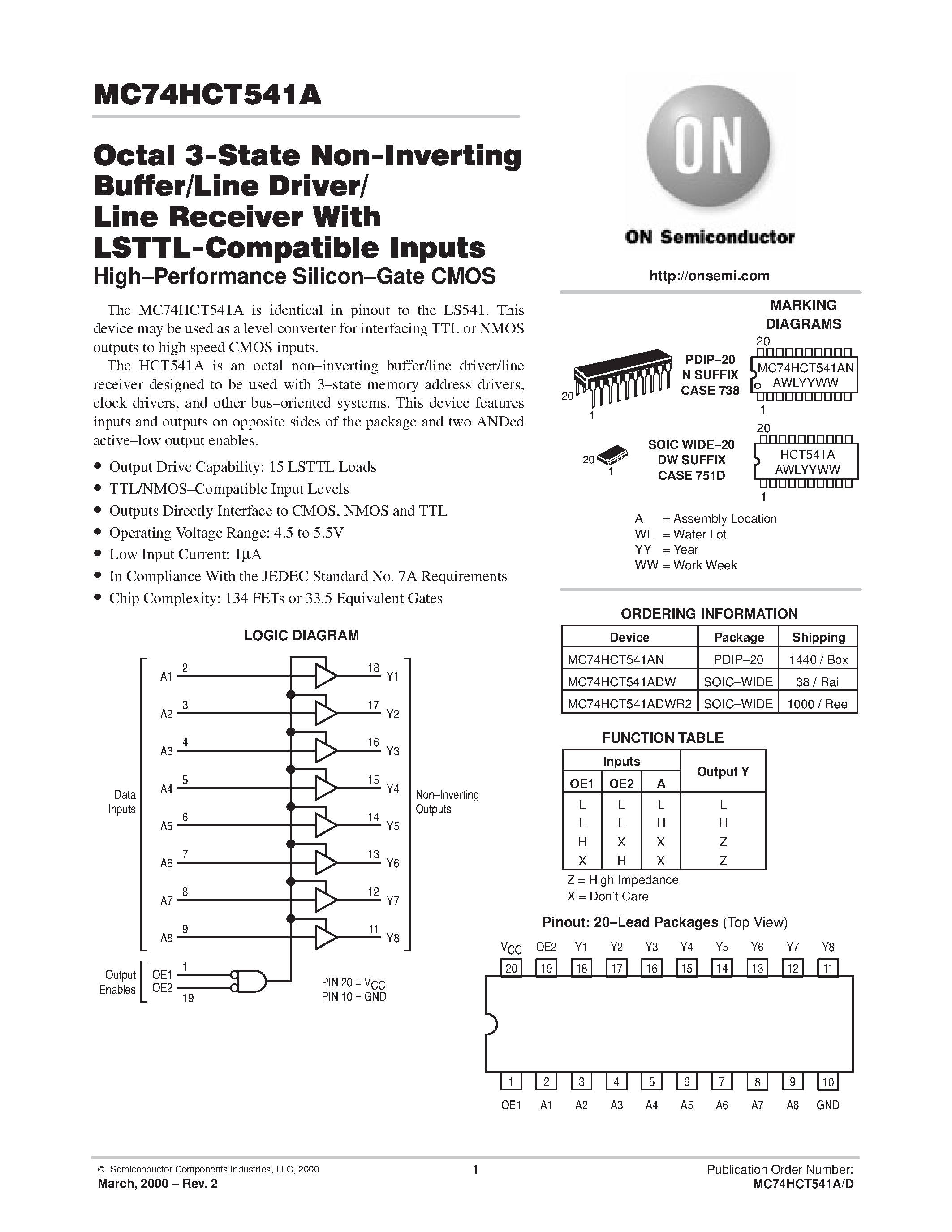 Даташит MC74HCT541A - Octal 3-State Non-Inverting Buffer/Line Driver/Line Receiver With LSTTL-Compatible Inputs страница 1