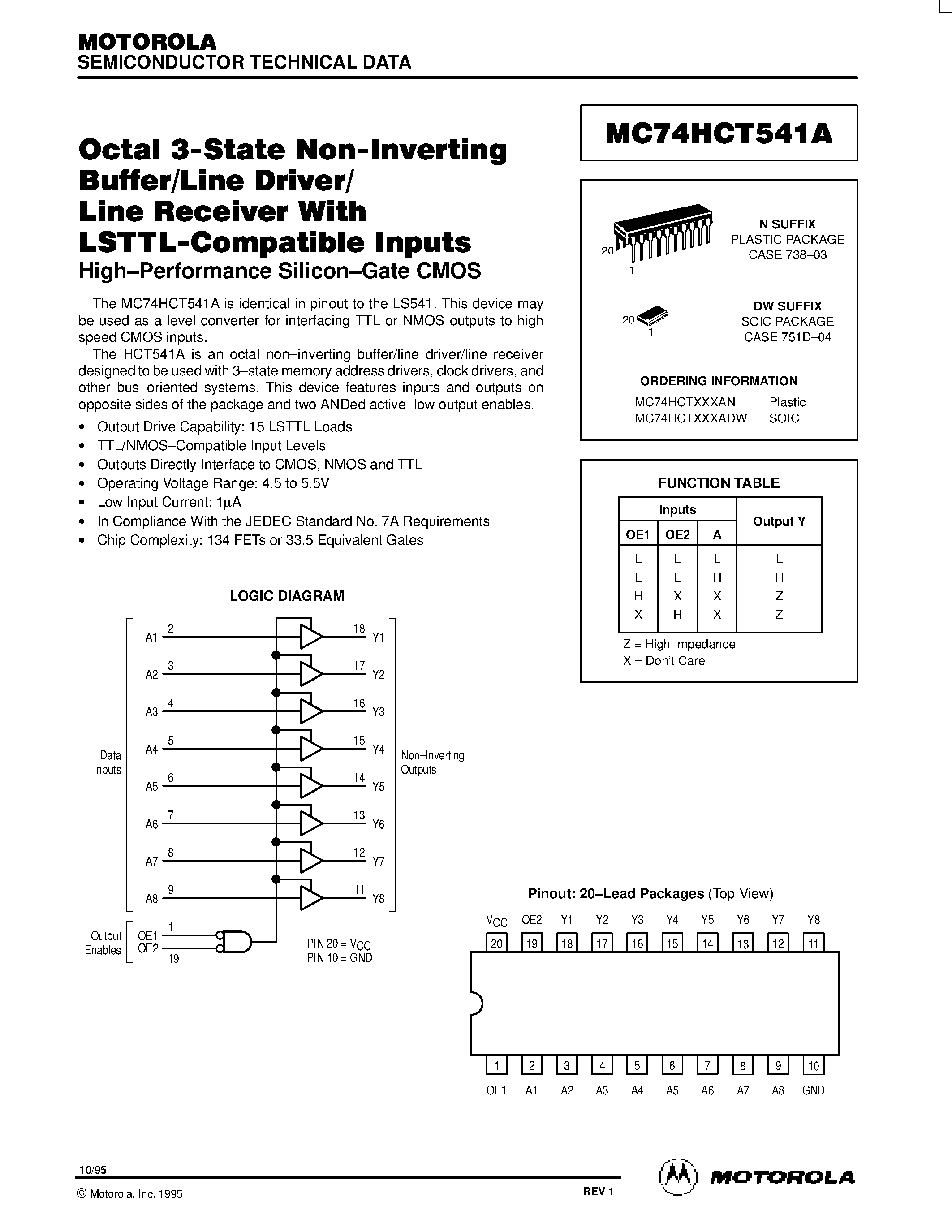 Даташит MC74HCT541A - Octal 3-State Non-Inverting Buffer/Line Driver/Line Receiver With LSTTL-Compatible Inputs страница 1