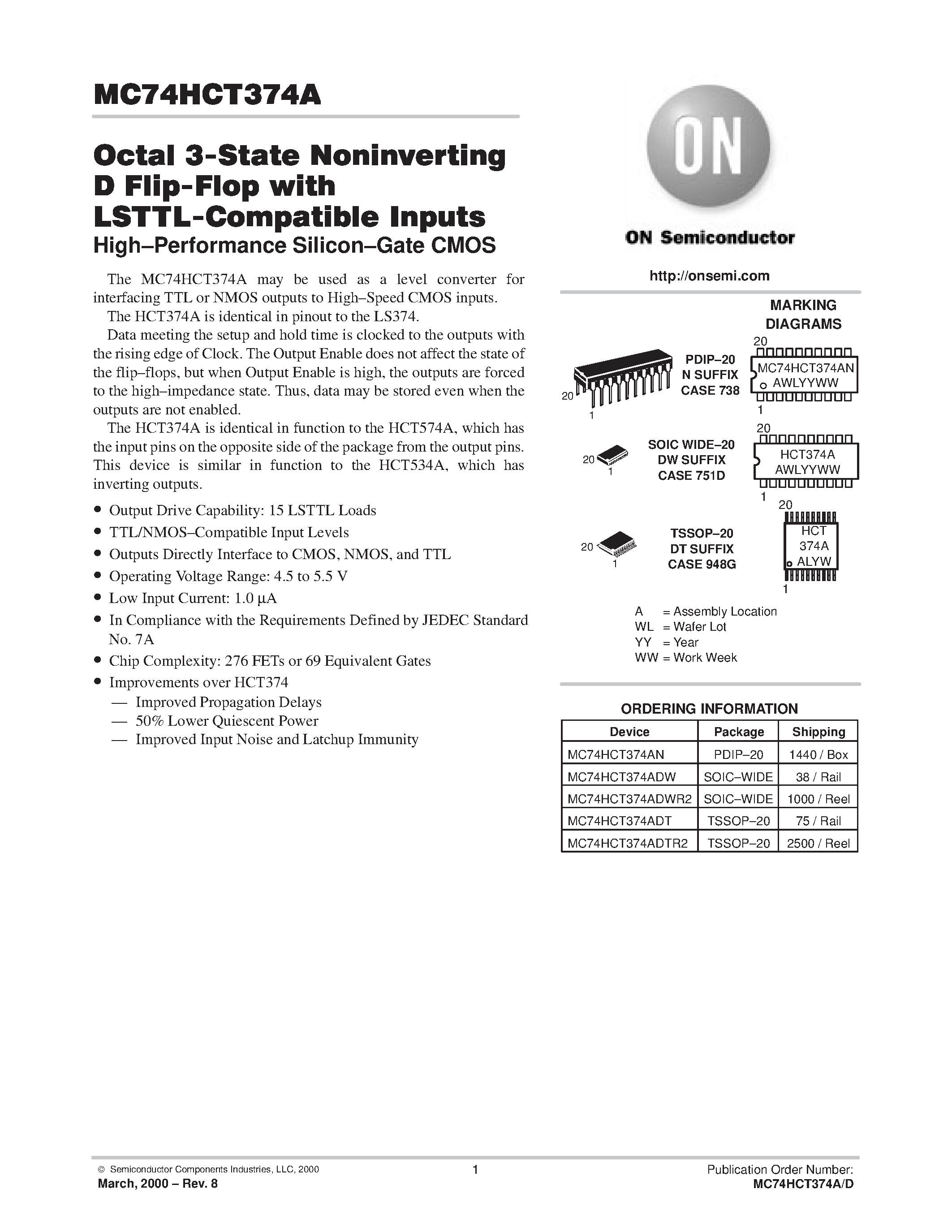 Даташит MC74HCT374A - Octal 3-State Noninverting D Flip-Flop with LSTTL-Compatible Inputs страница 1