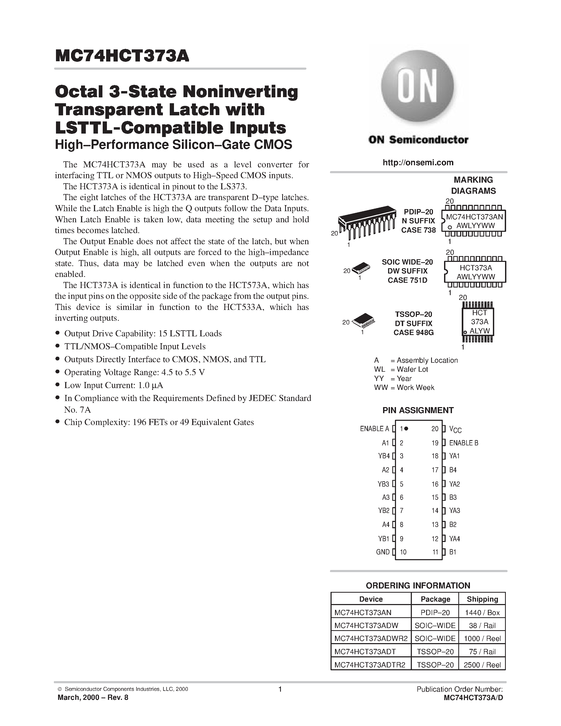 Даташит MC74HCT373A - Octal 3-State Noninverting Transceiver Latch with LSTTL-Compatible Inputs страница 1