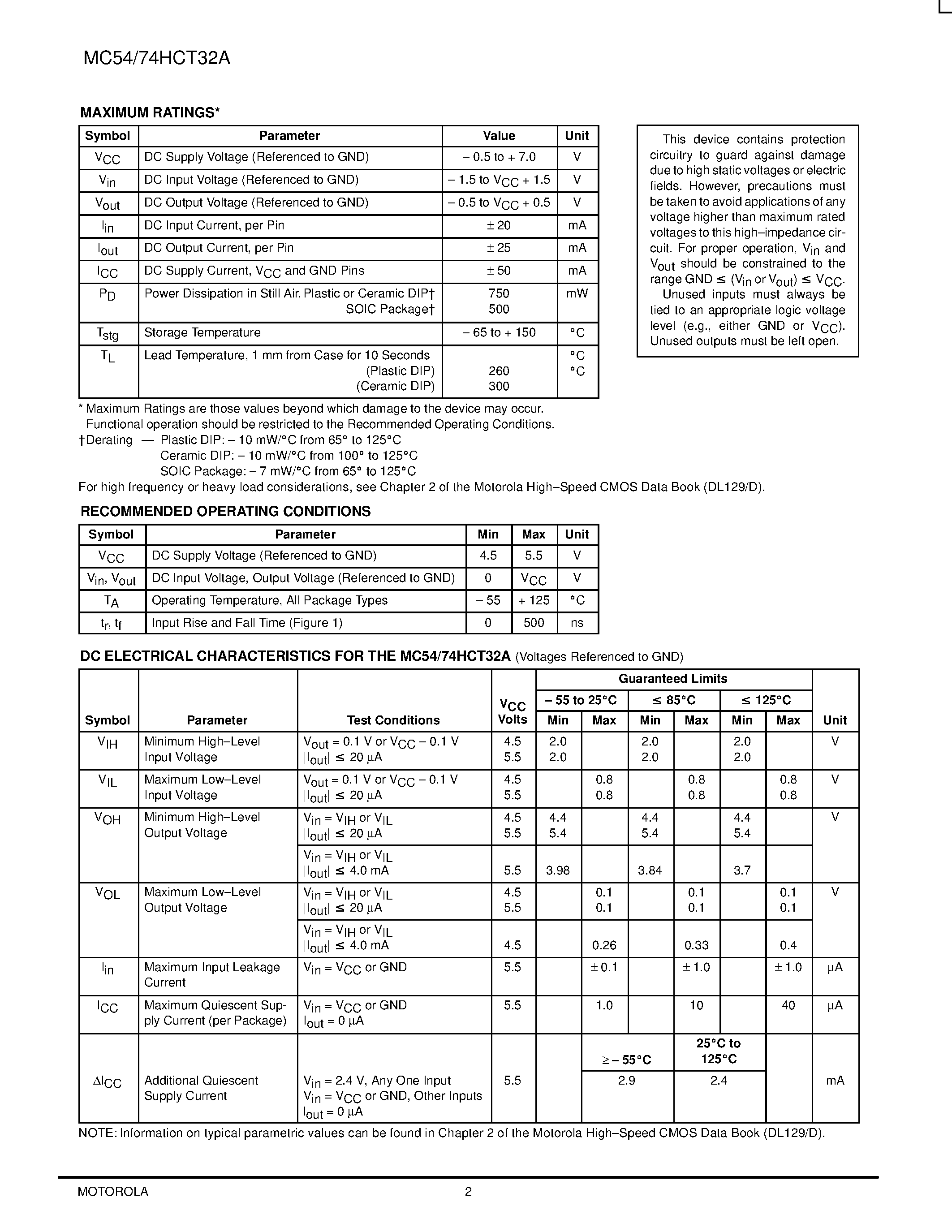 Даташит MC74HCT32A - Octal 2-Input OR Gate with LSTTL Compatible Inputs страница 2