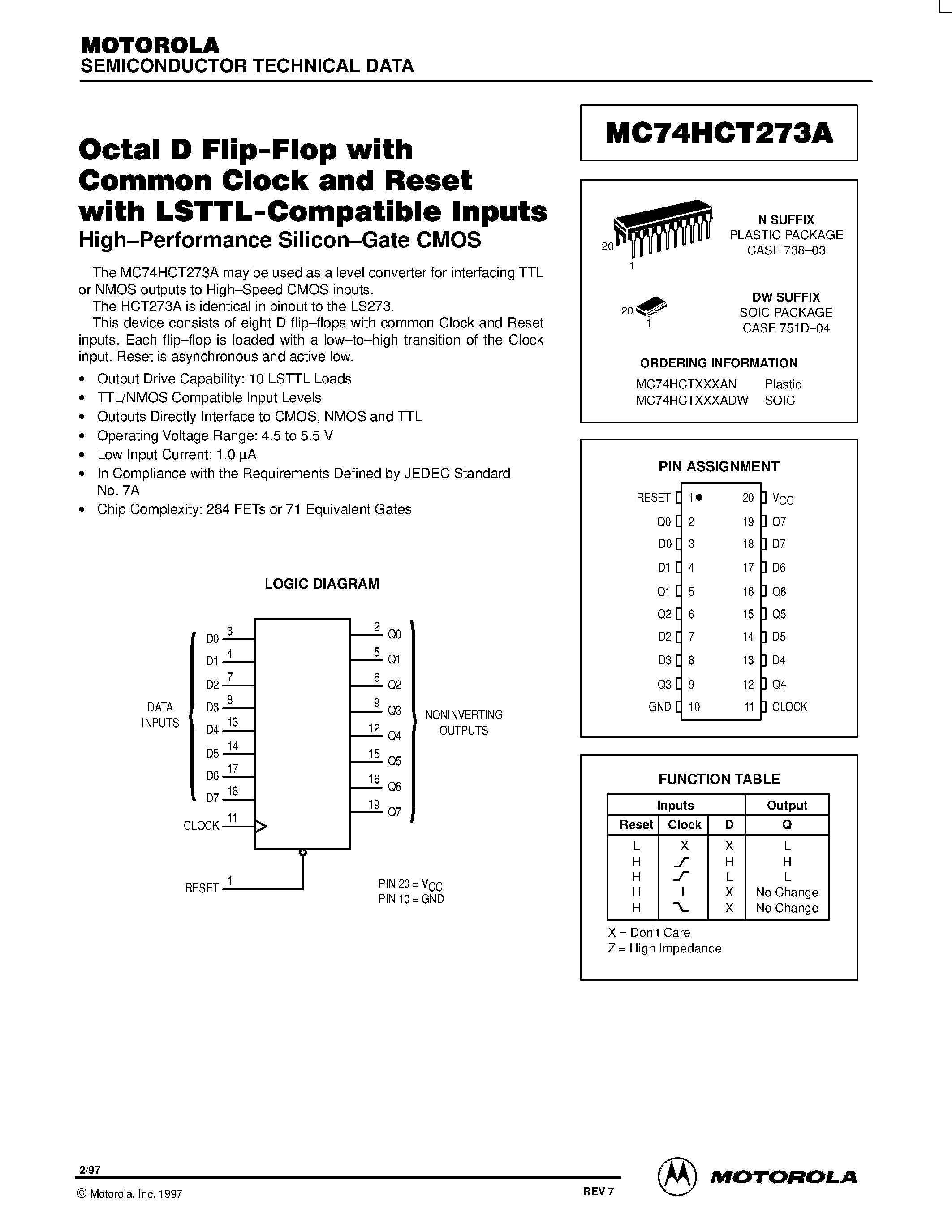 Даташит MC74HCT273A - Octal D Flip-Flop with Common Clock and Reset with LSTTL-Compatible Inputs страница 1