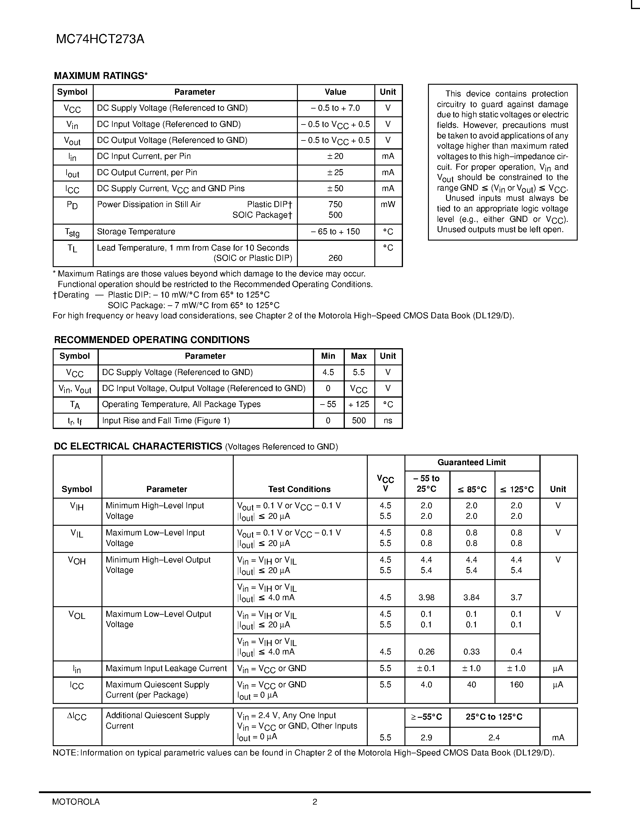 Даташит MC74HCT273A - Octal D Flip-Flop with Common Clock and Reset with LSTTL-Compatible Inputs страница 2