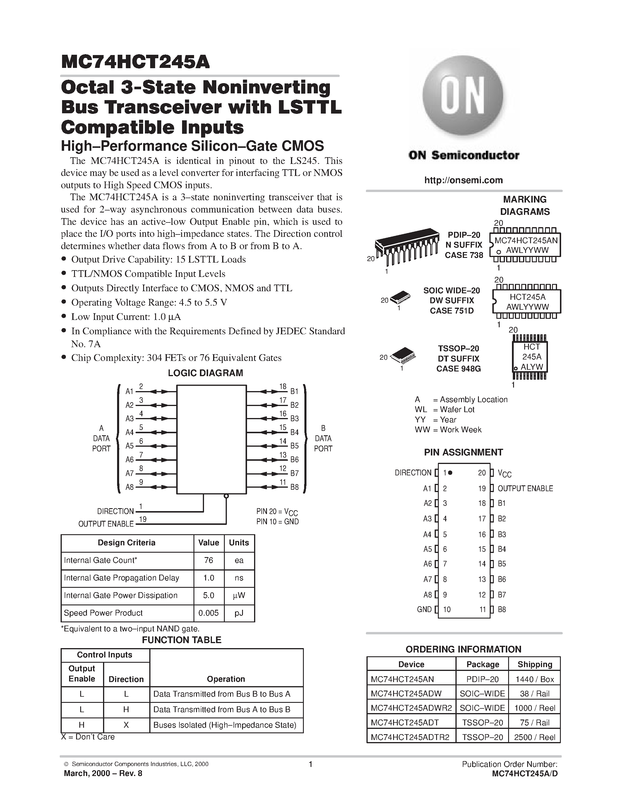 Даташит MC74HCT245A - Octal 3-State Noninverting Bus Transceiver with LSTTL Compatible Inputs страница 1