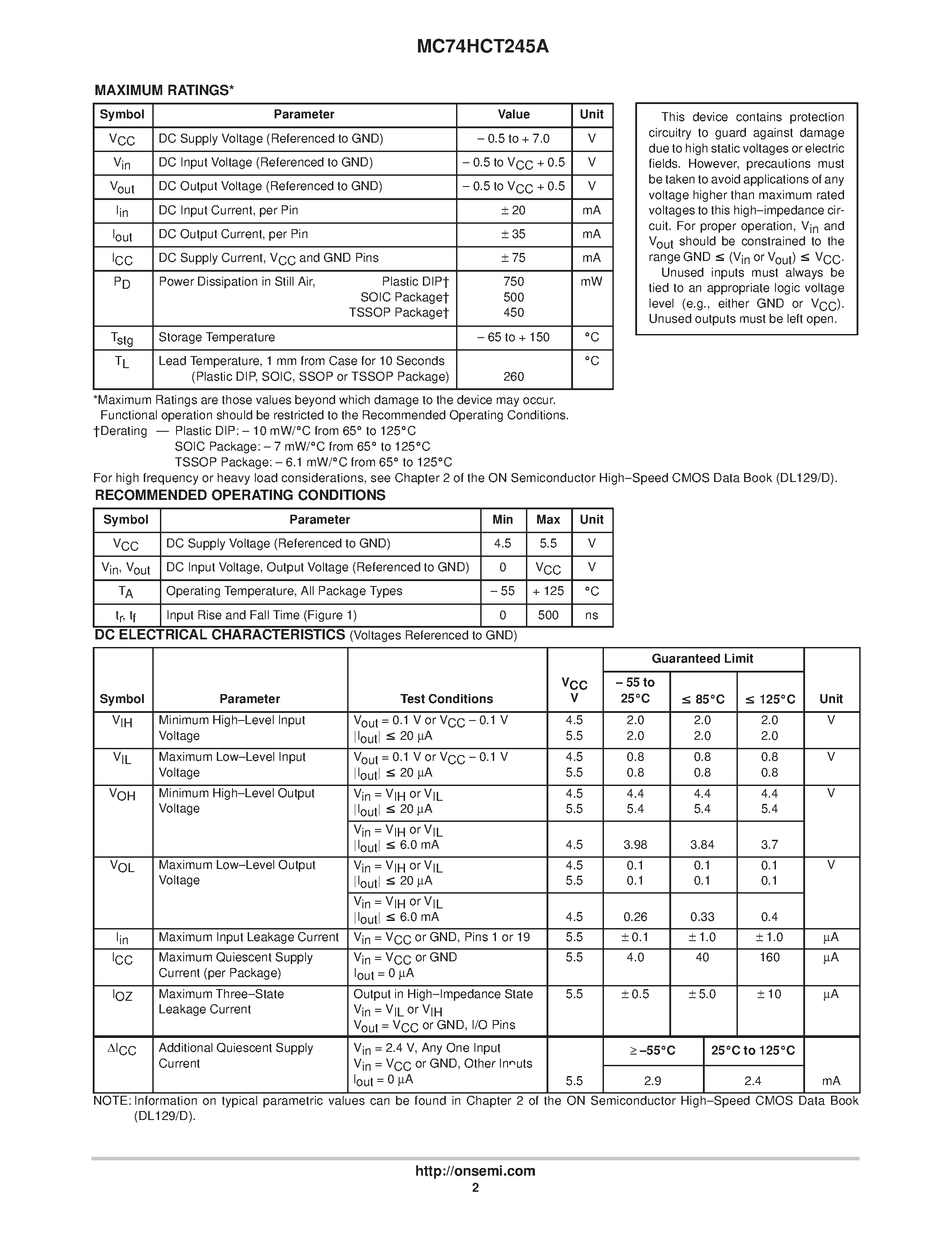 Даташит MC74HCT245A - Octal 3-State Noninverting Bus Transceiver with LSTTL Compatible Inputs страница 2
