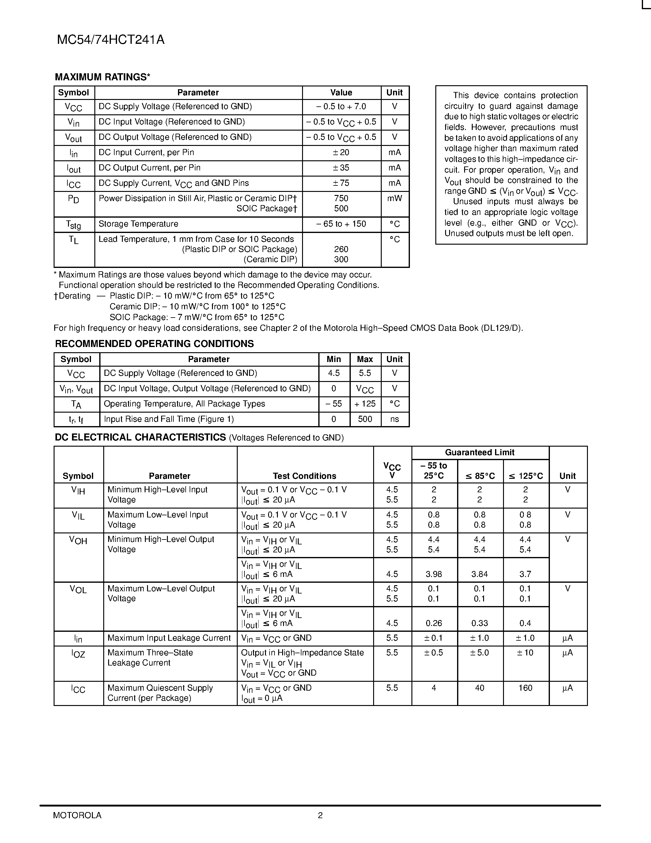 Даташит MC74HCT241A - Octal 3-State Noninverting Buffer/Line Driver/Line Receiver with LSTTL-Compatible Inputs страница 2