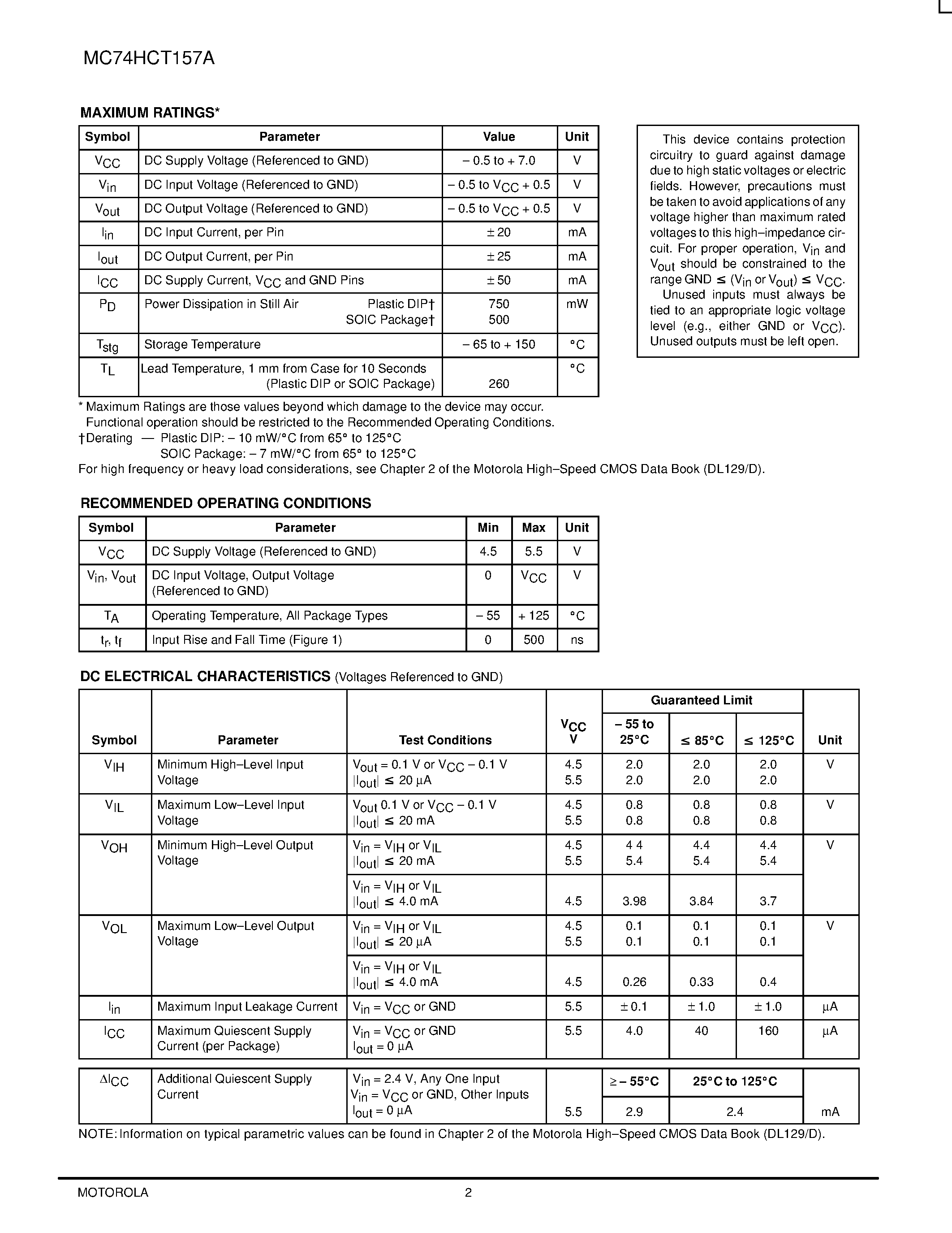 Даташит MC74HCT157A - Quad 2-Input Data Selector/Multiplexer with LSTTL-Compatible Inputs страница 2