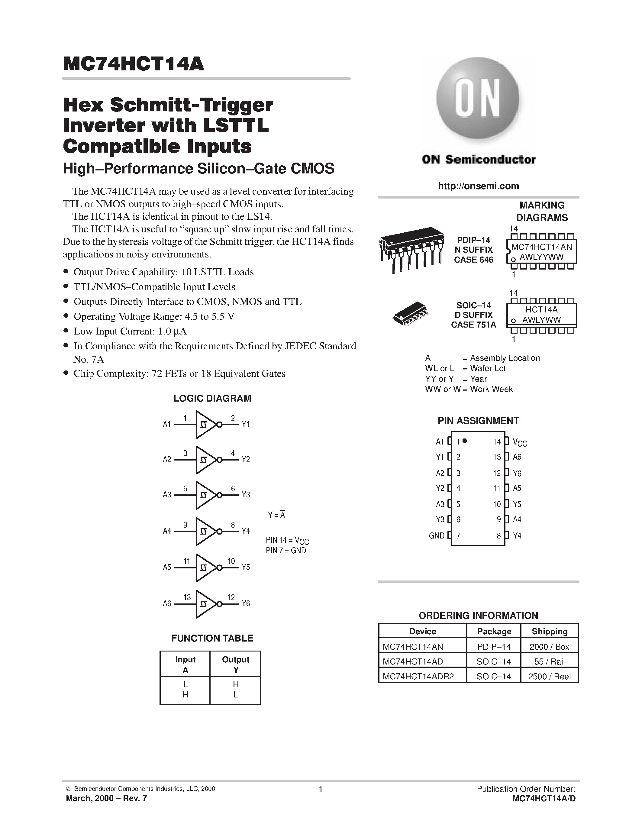Даташит MC74HCT14A - Hex Schmitt-Trigger Inverter with LSTTL Compatible Inputs страница 1