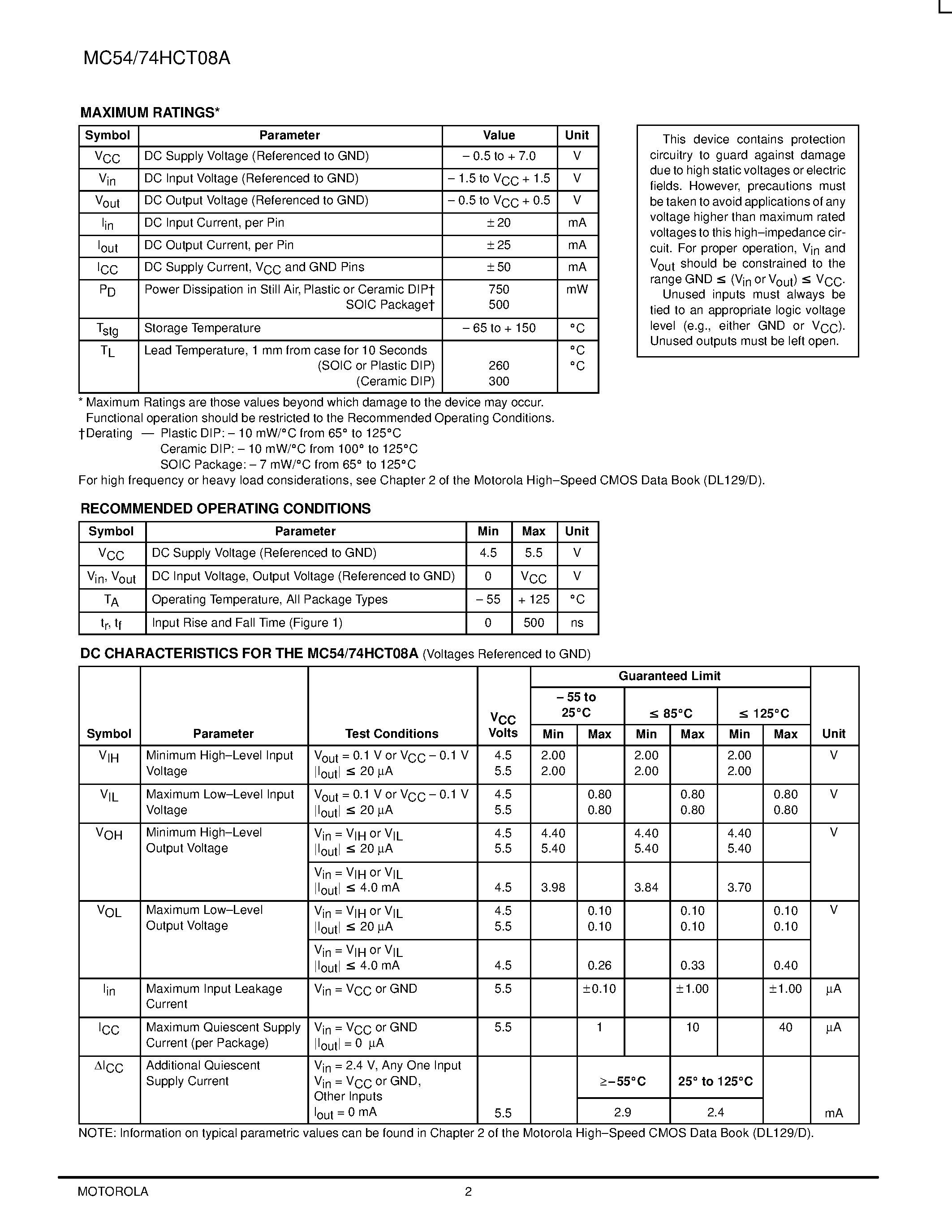 Даташит MC74HCT08A - Quad 2-Input NAND Gate with LSTTL-Compatible Inputs страница 2