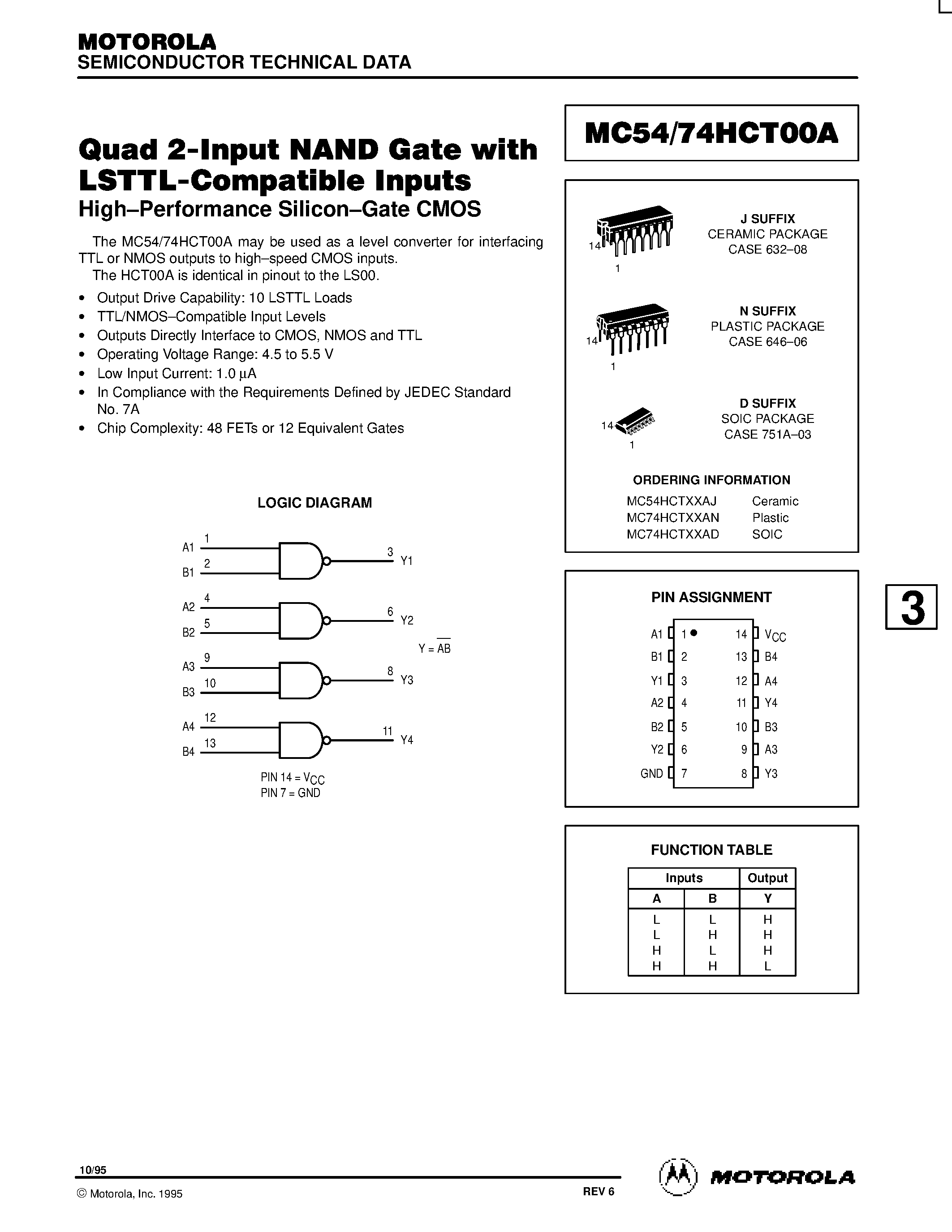 Даташит MC74HCT00A - Quad 2-Input NAND Gate with LSTTL-Compatible Inputs страница 1