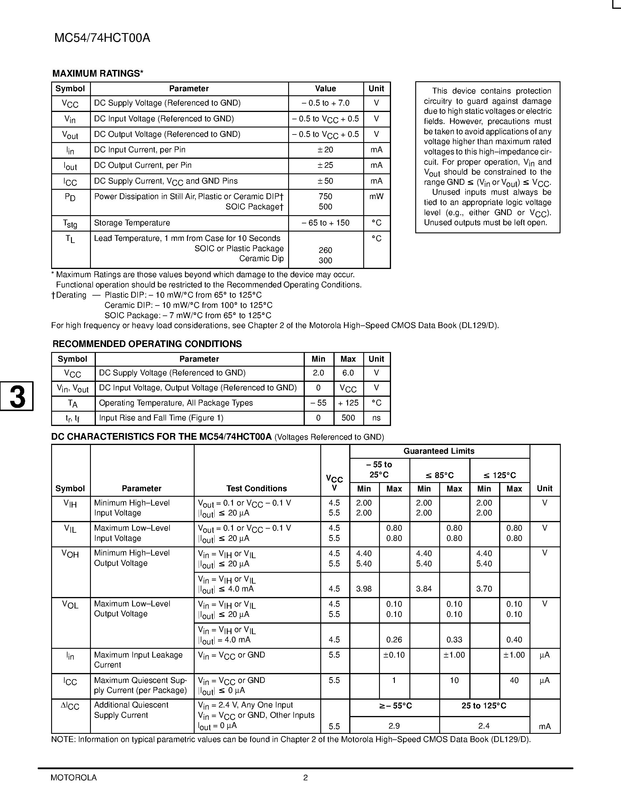 Даташит MC74HCT00A - Quad 2-Input NAND Gate with LSTTL-Compatible Inputs страница 2