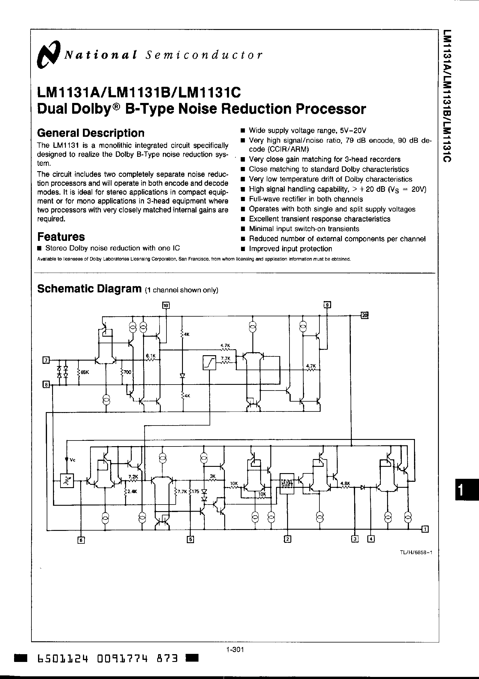Datasheet LM1131 page 1 Datasheet LM1131 - Dual Dolby B Type Noise Reduction Processor page 1