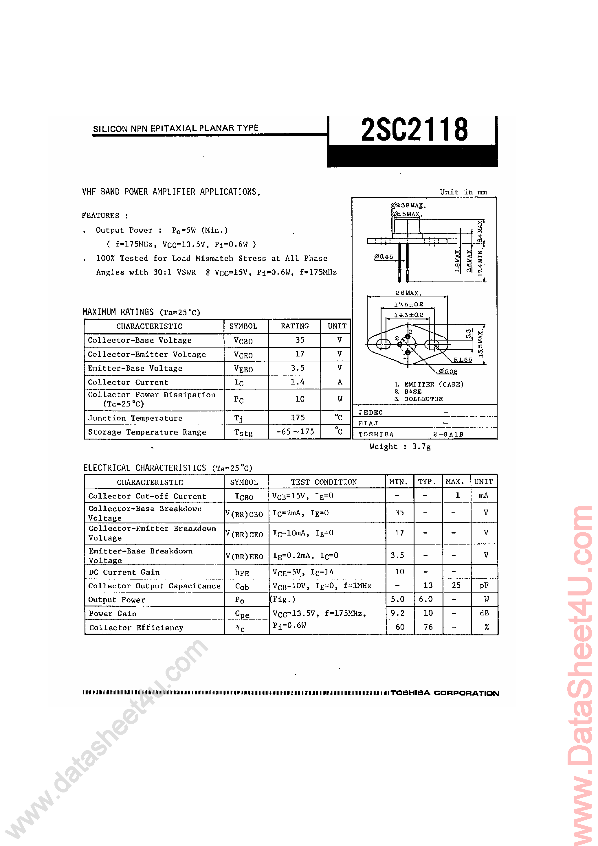Datasheet 2SC2118 - Silicon NPN Epitaxial Planar Type page 1