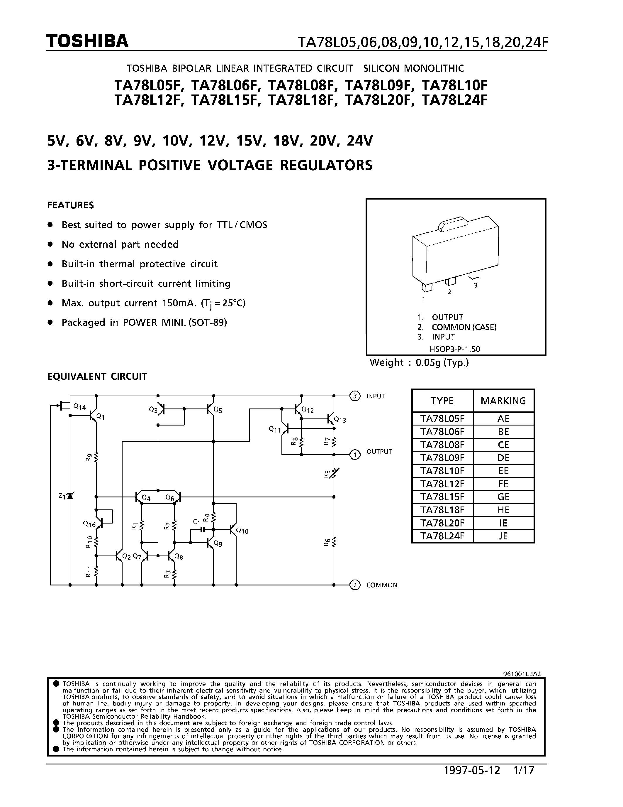 Datasheet TA78LxxF - 3-TERMINAL POSITIVE VOLTAGE REGULATORS page 1