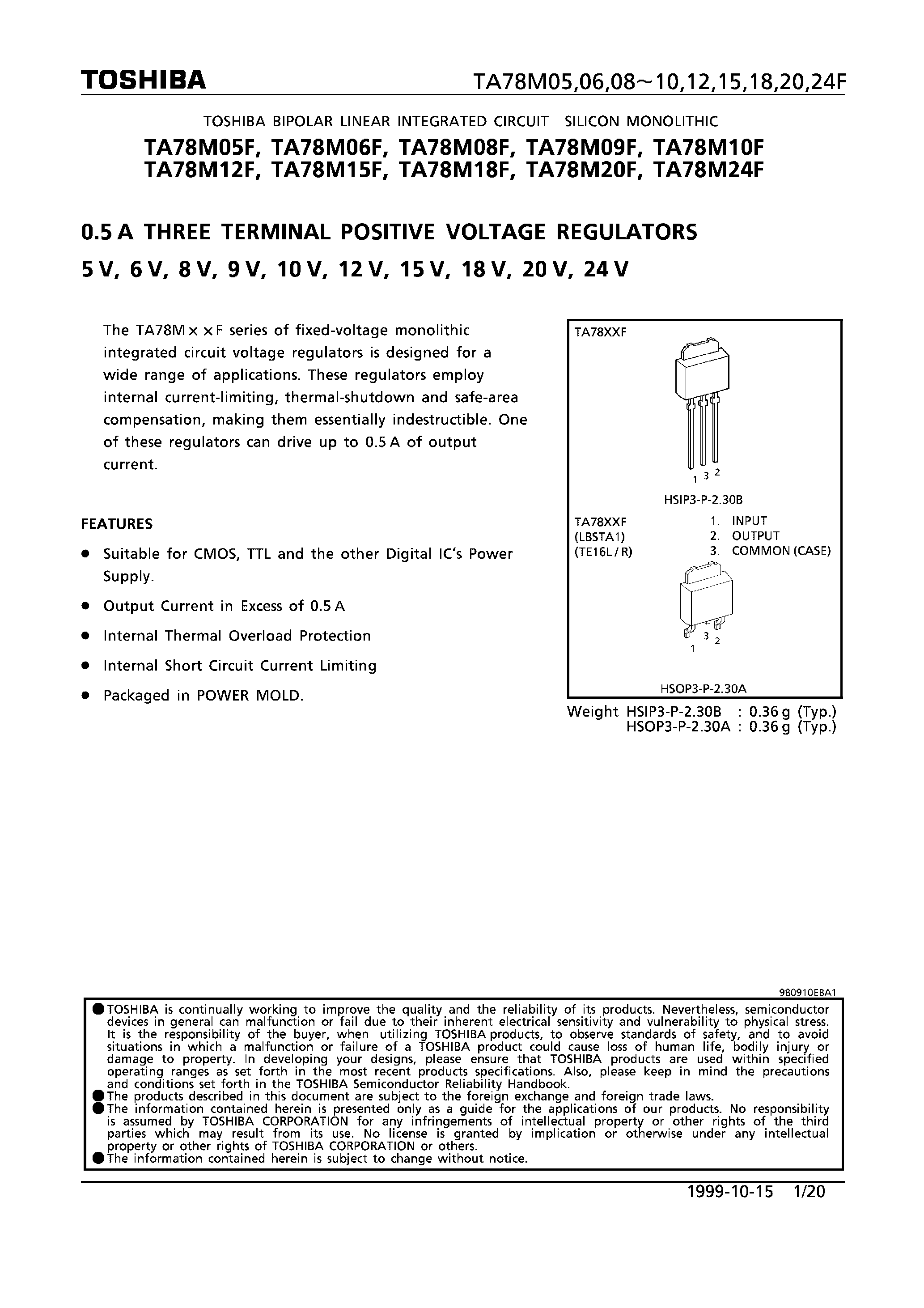 Datasheet TA78MxxF - 0.5A THREE TERMINAL POSITIVE VOLTAGE REGULATORS page 1