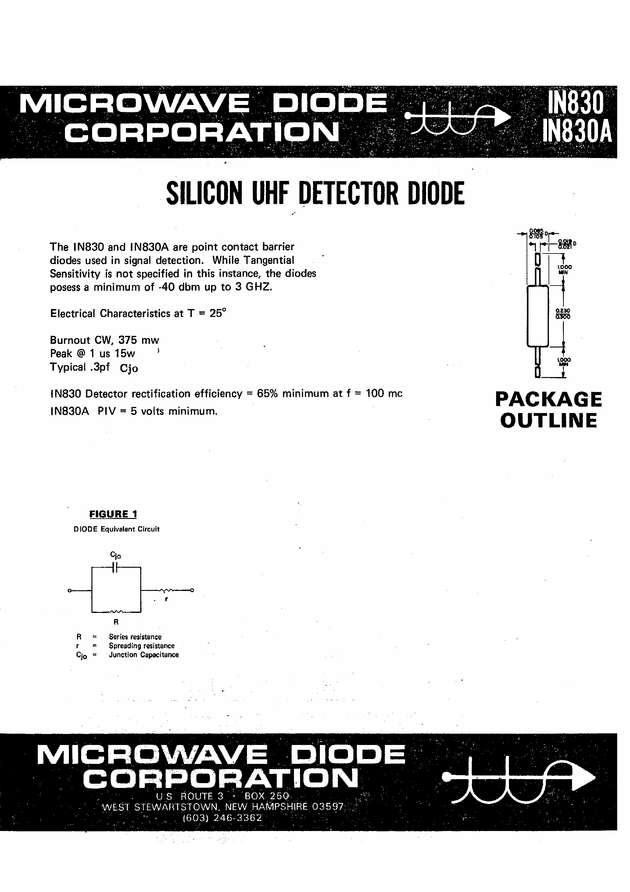 Datasheet 1N830 - Silicon UHF Detector Diode page 1