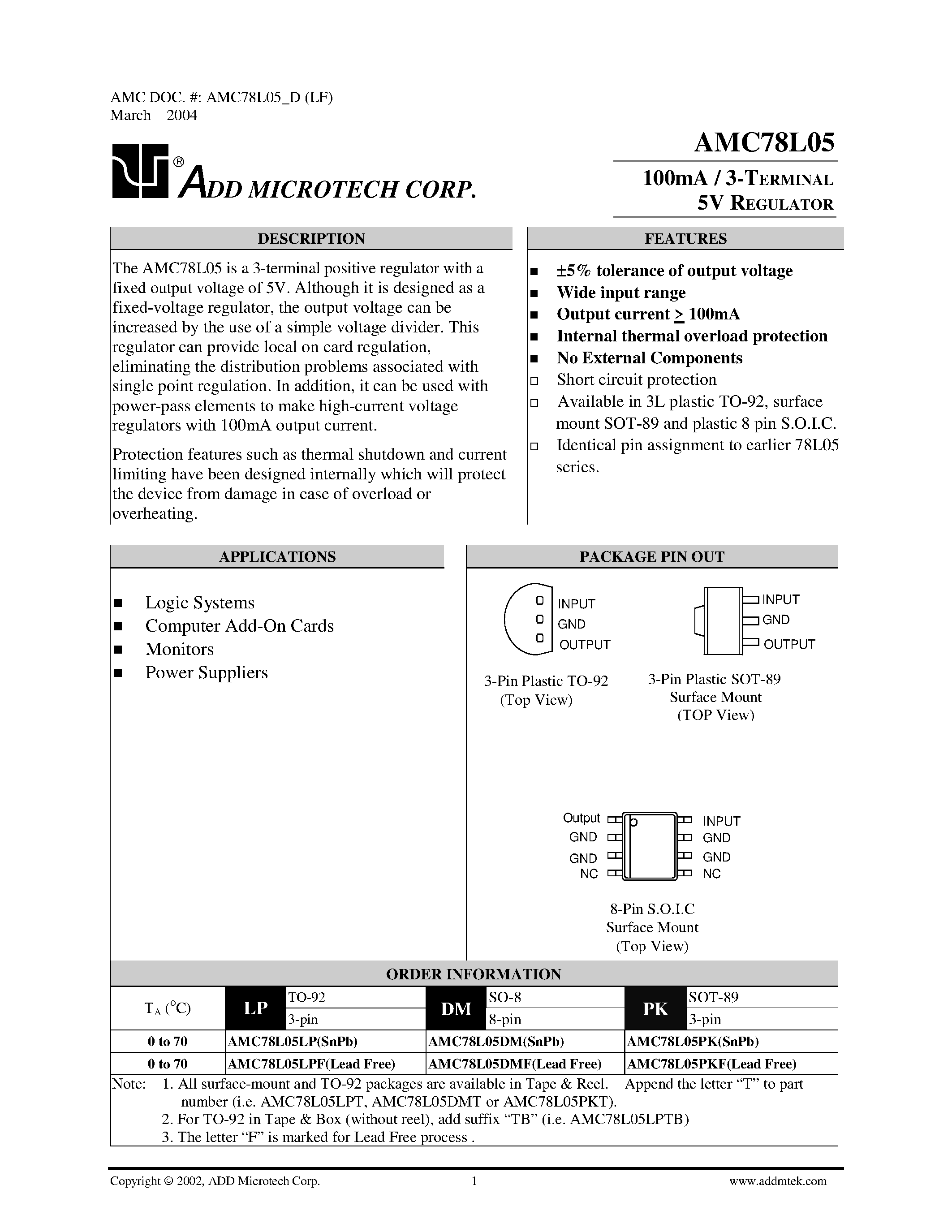 Datasheet AMC78L05 - 100mA / 3-TERMINAL 5V REGULATOR page 1
