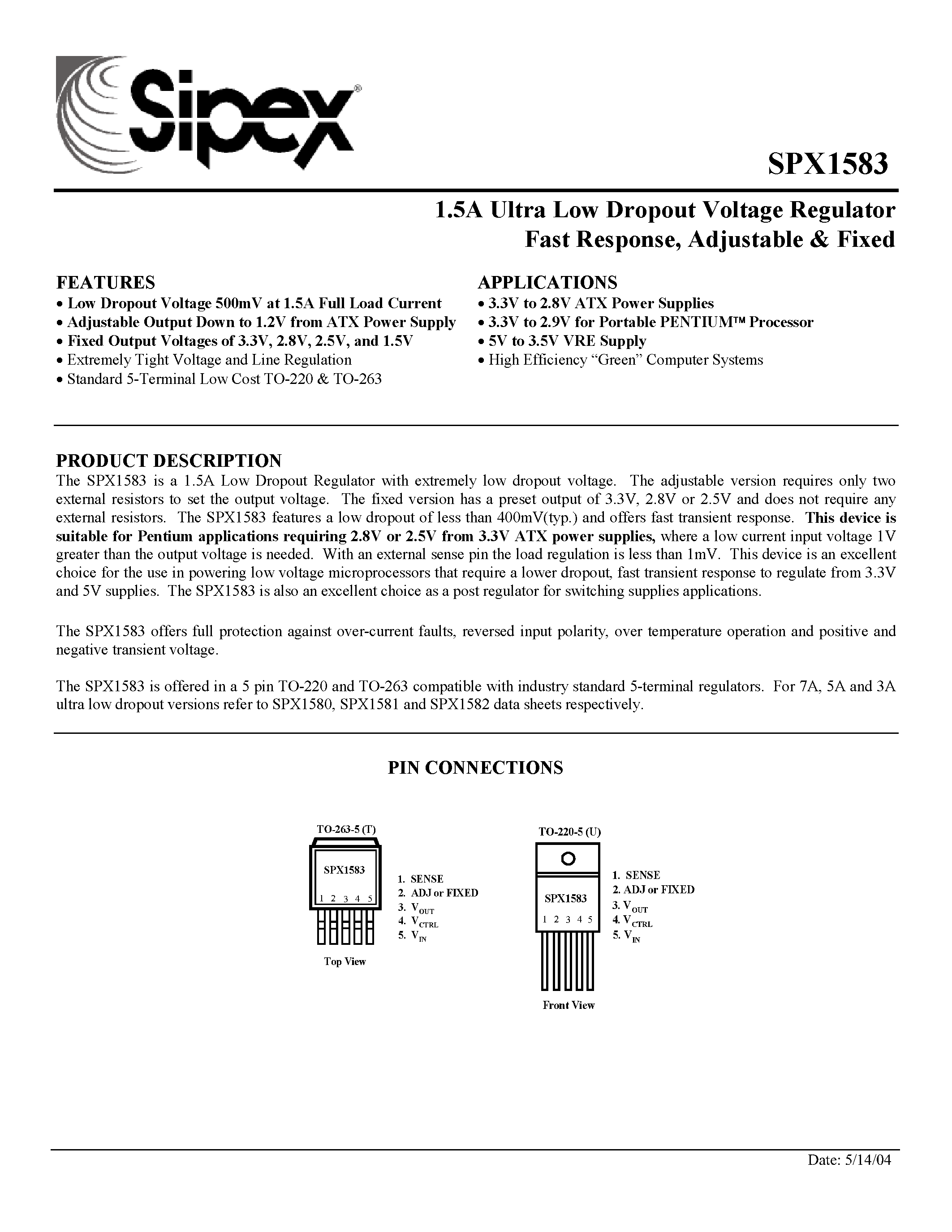 Datasheet SPX1583 - 1.5A Ultra Low Dropout Voltage Regulator page 1