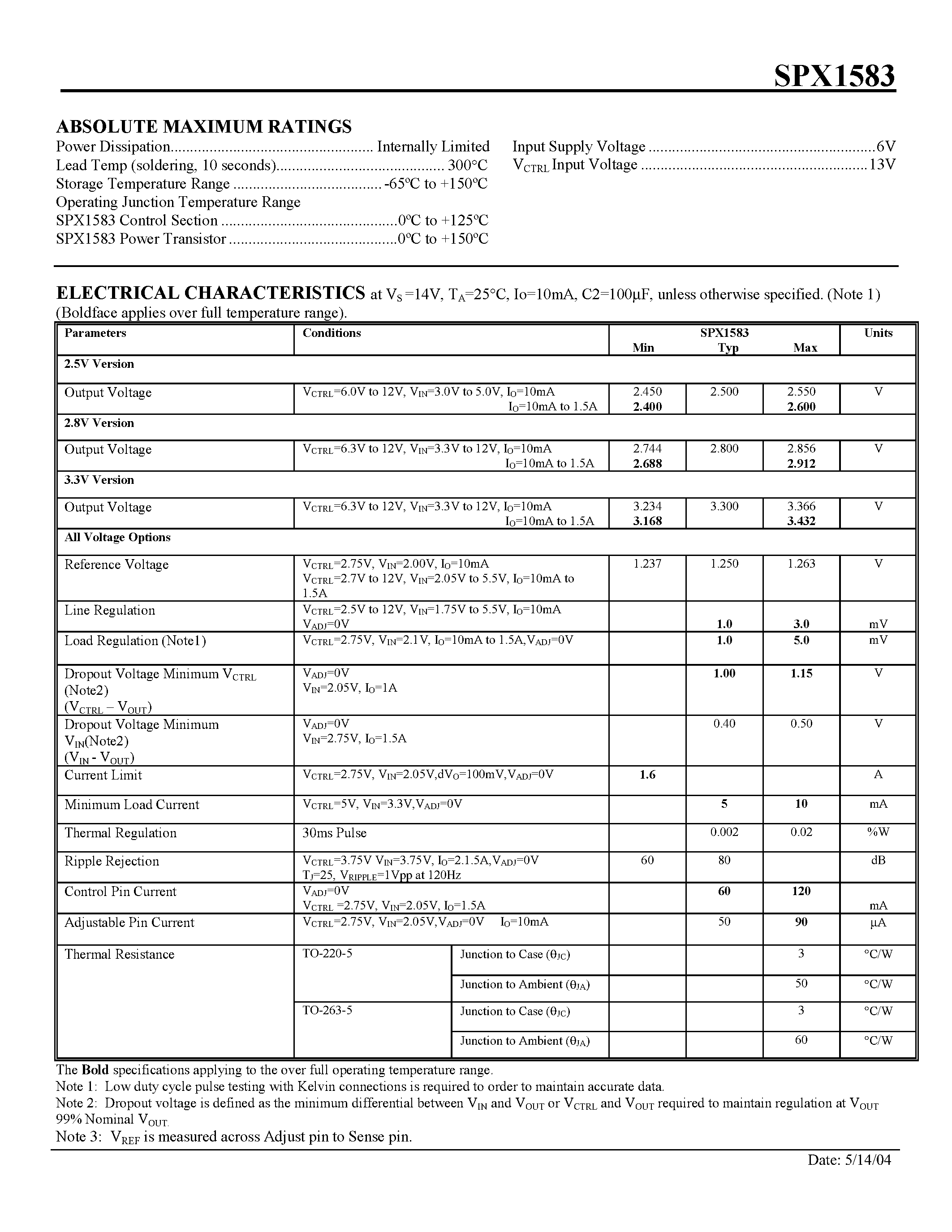 Datasheet SPX1583 - 1.5A Ultra Low Dropout Voltage Regulator page 2