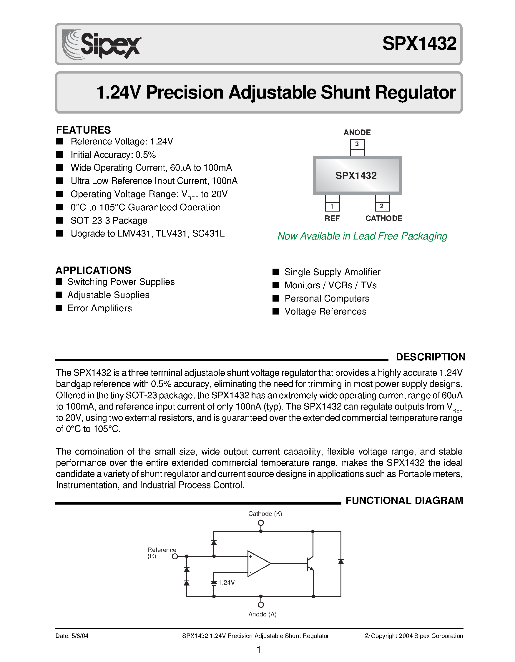 Datasheet SPX1432 - 1.24V Precision Adjustable Shunt Regulator page 1