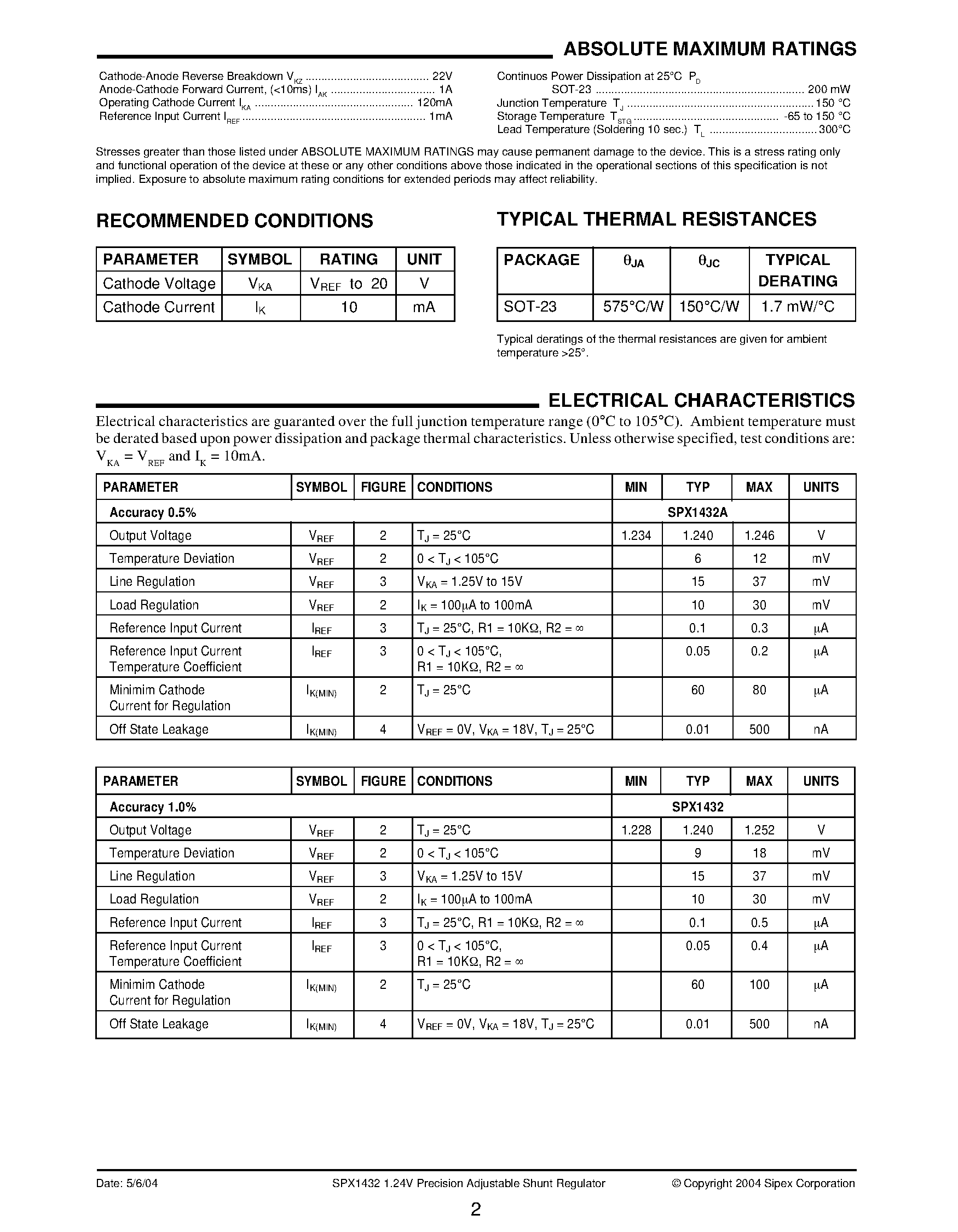 Datasheet SPX1432 - 1.24V Precision Adjustable Shunt Regulator page 2