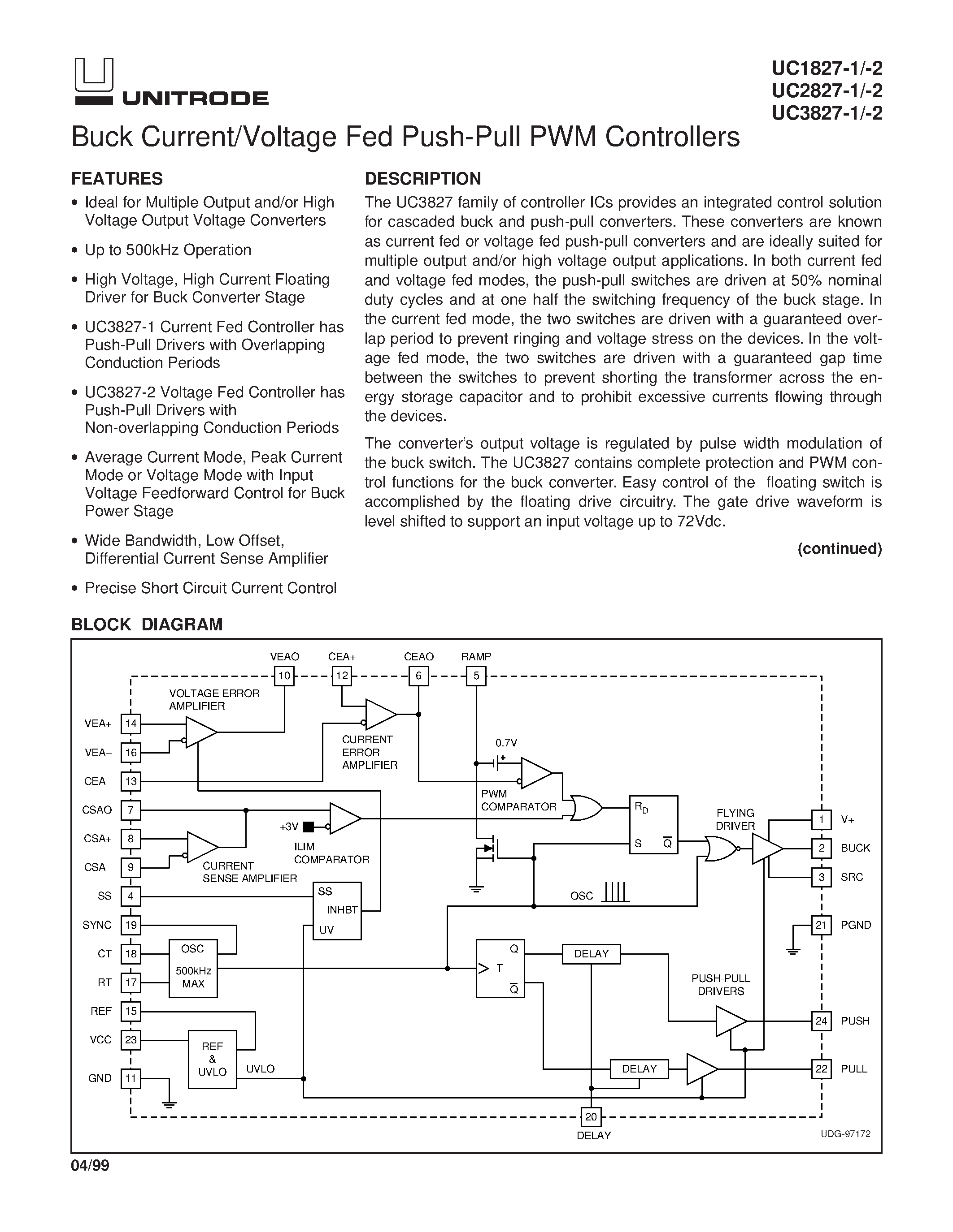 Datasheet UC2827 page 1 Datasheet UC2827 - Buck Current/Voltage Fed Push-Pull PWM Controllers page 1