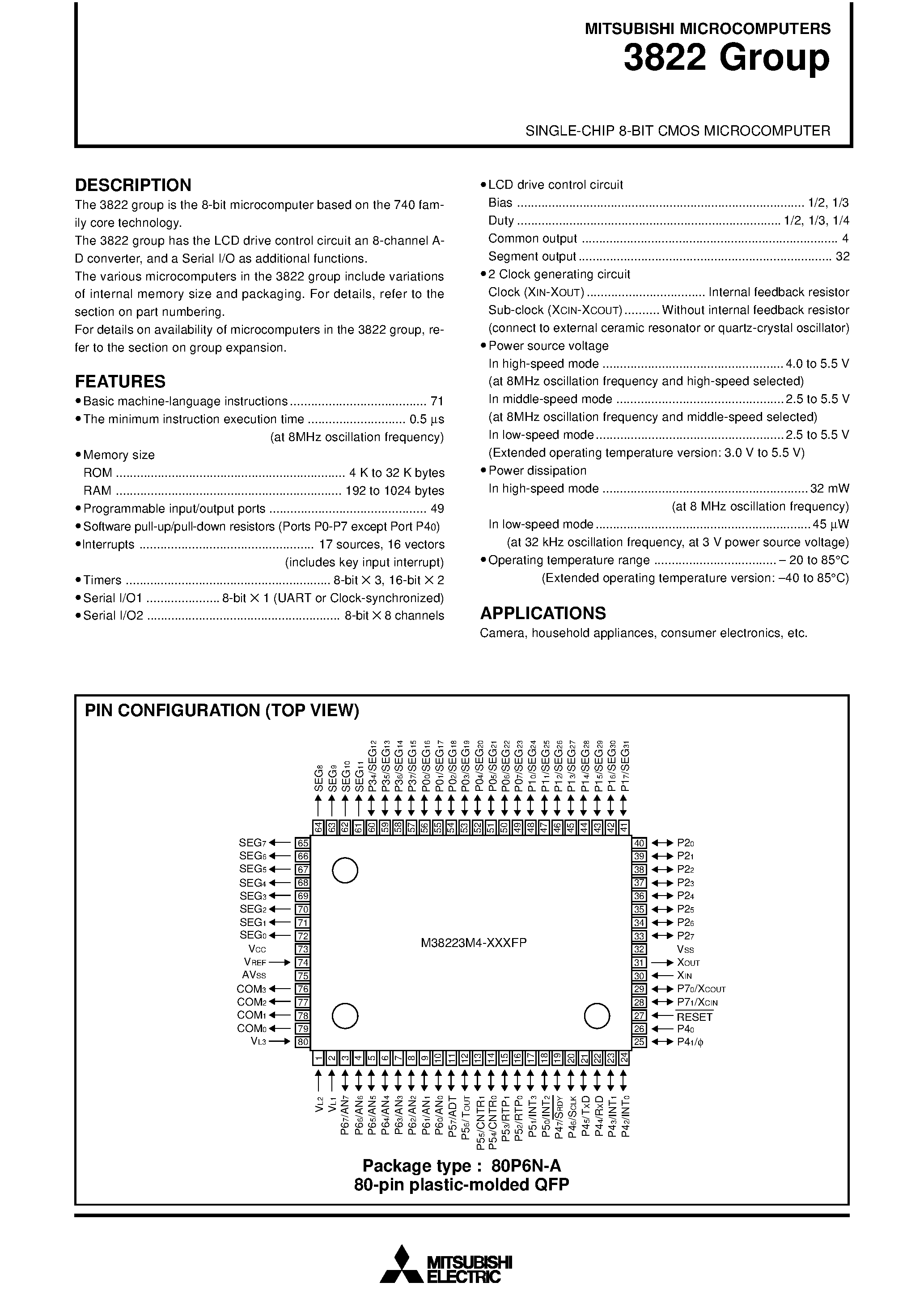 Datasheet M3822x - SINGLE-CHIP 8-BIT CMOS MICROCOMPUTER page 1