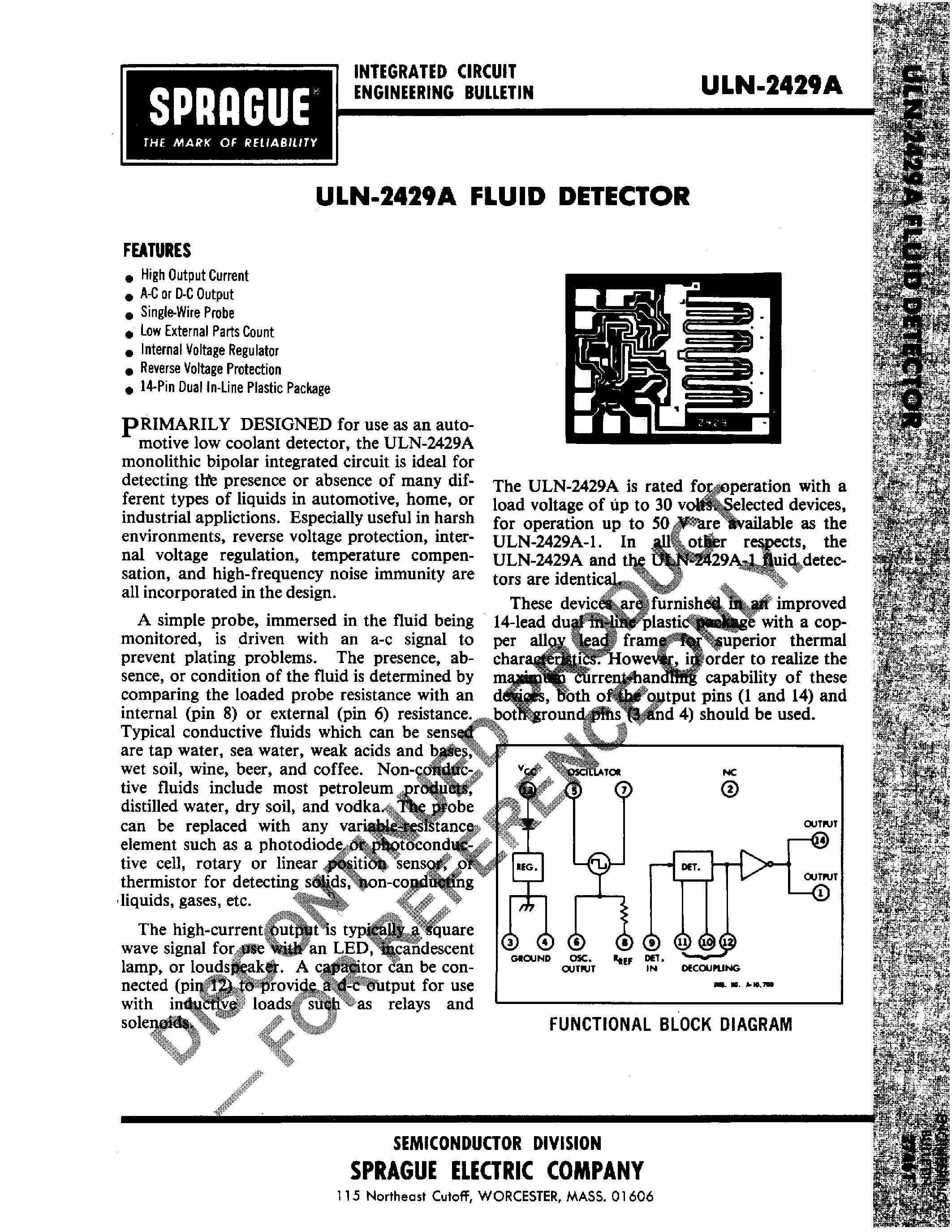 Datasheet ULN2429A page 1 Datasheet ULN2429A - Fluid Detector page 1