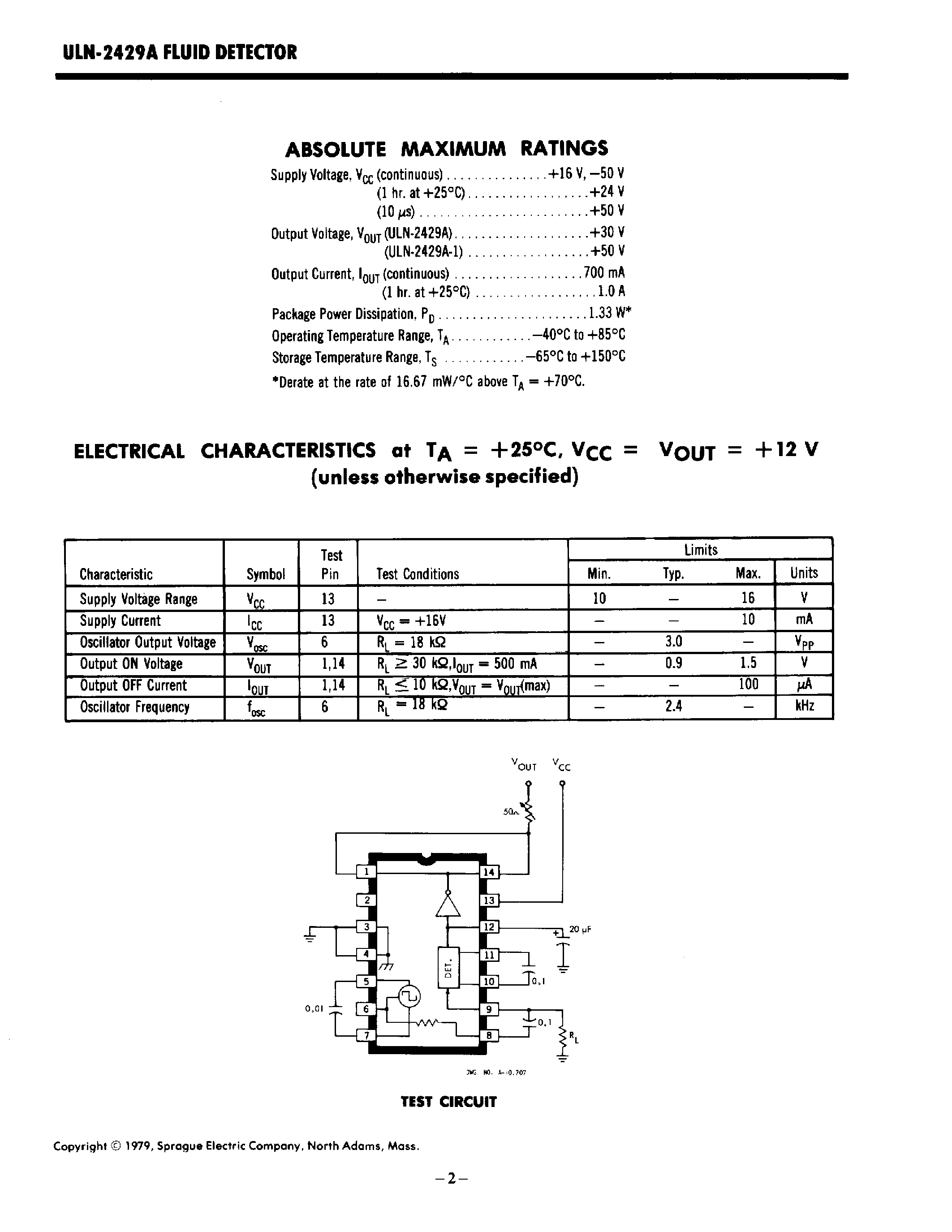 Datasheet ULN2429A page 2 Datasheet ULN2429A - Fluid Detector page 2