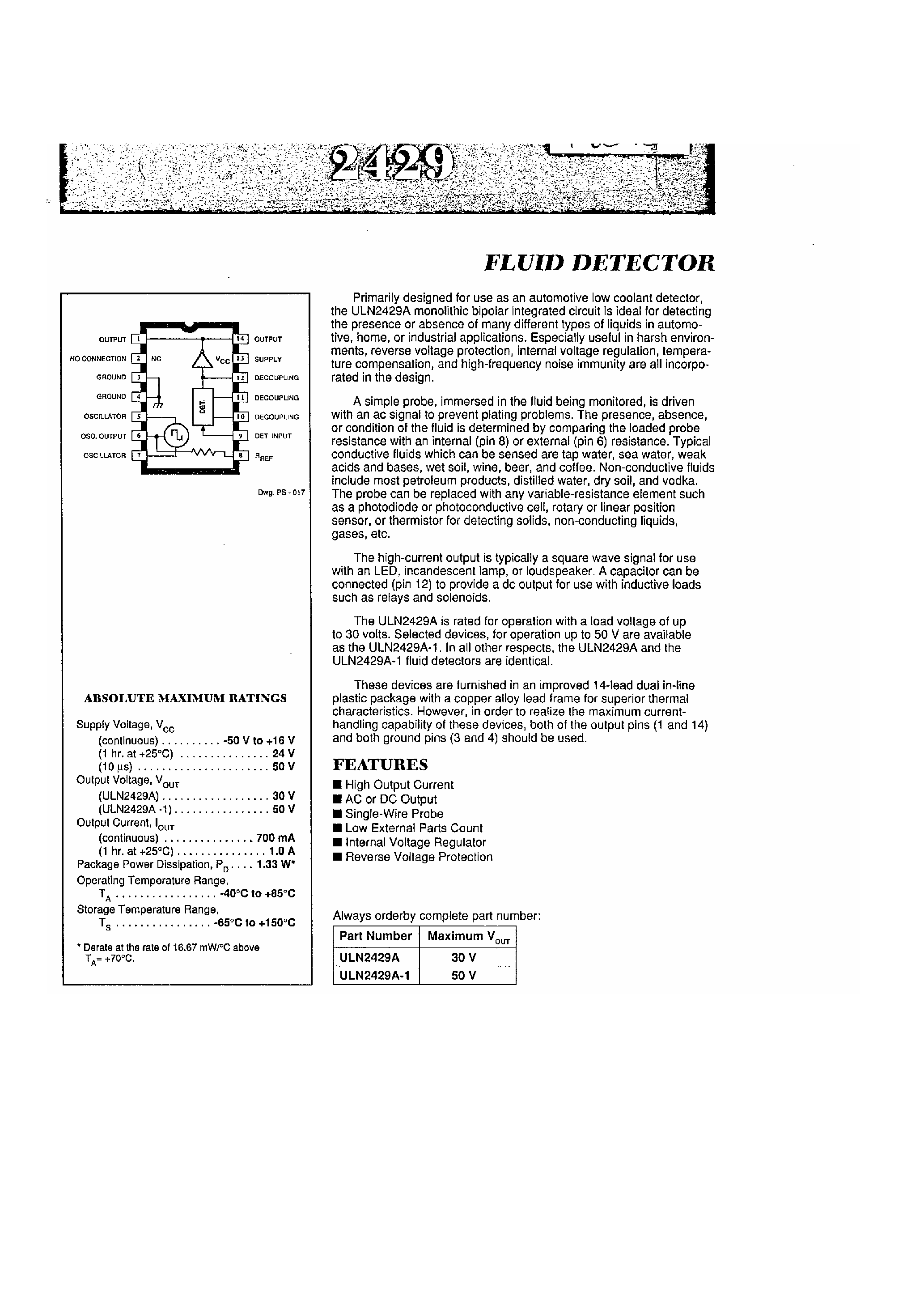 Datasheet ULN2429 page 1 Datasheet ULN2429 - Fluid Detector page 1