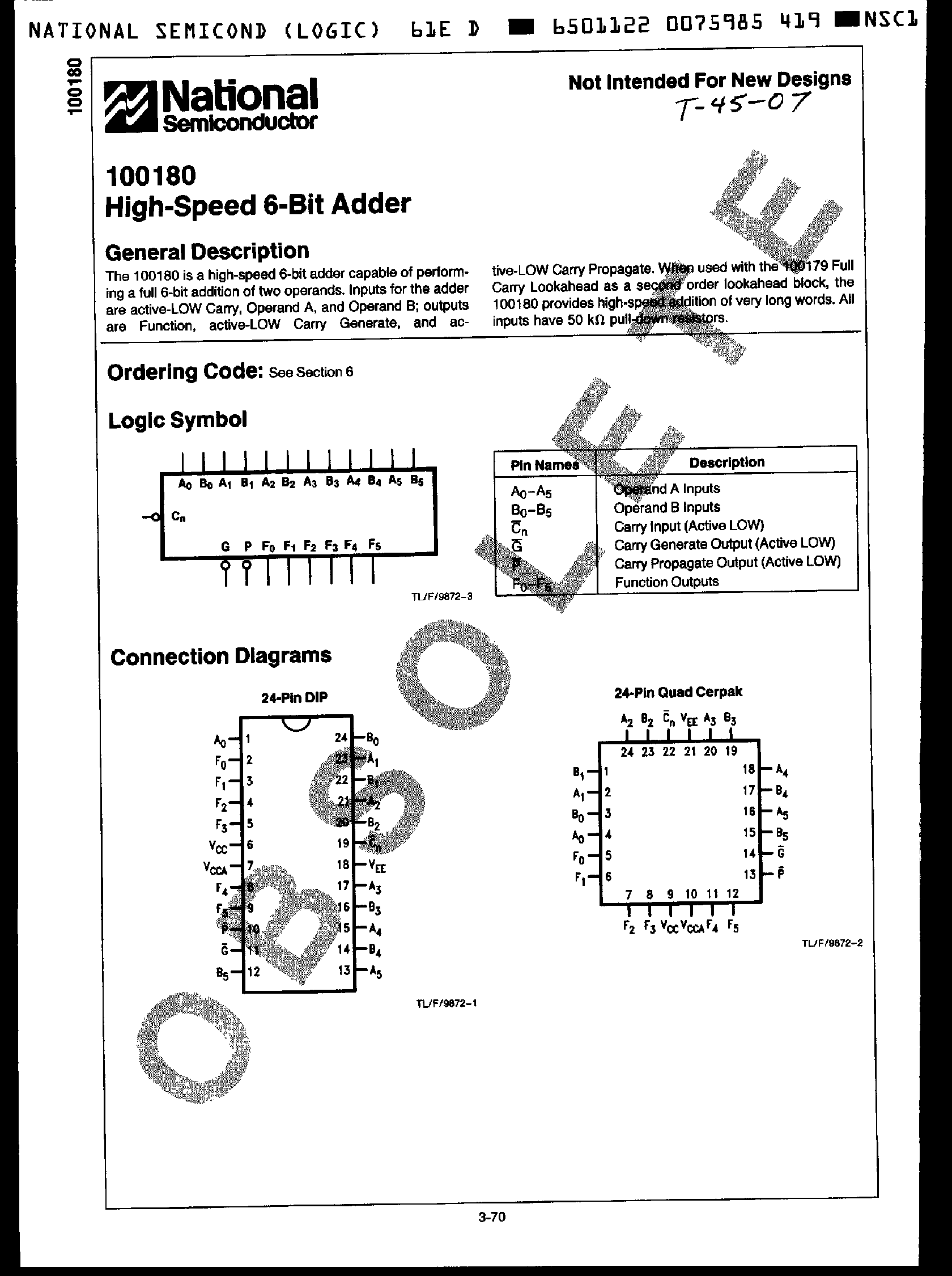 Datasheet 100180 page 1 Datasheet 100180 - High Speed 6 Bit Adder page 1