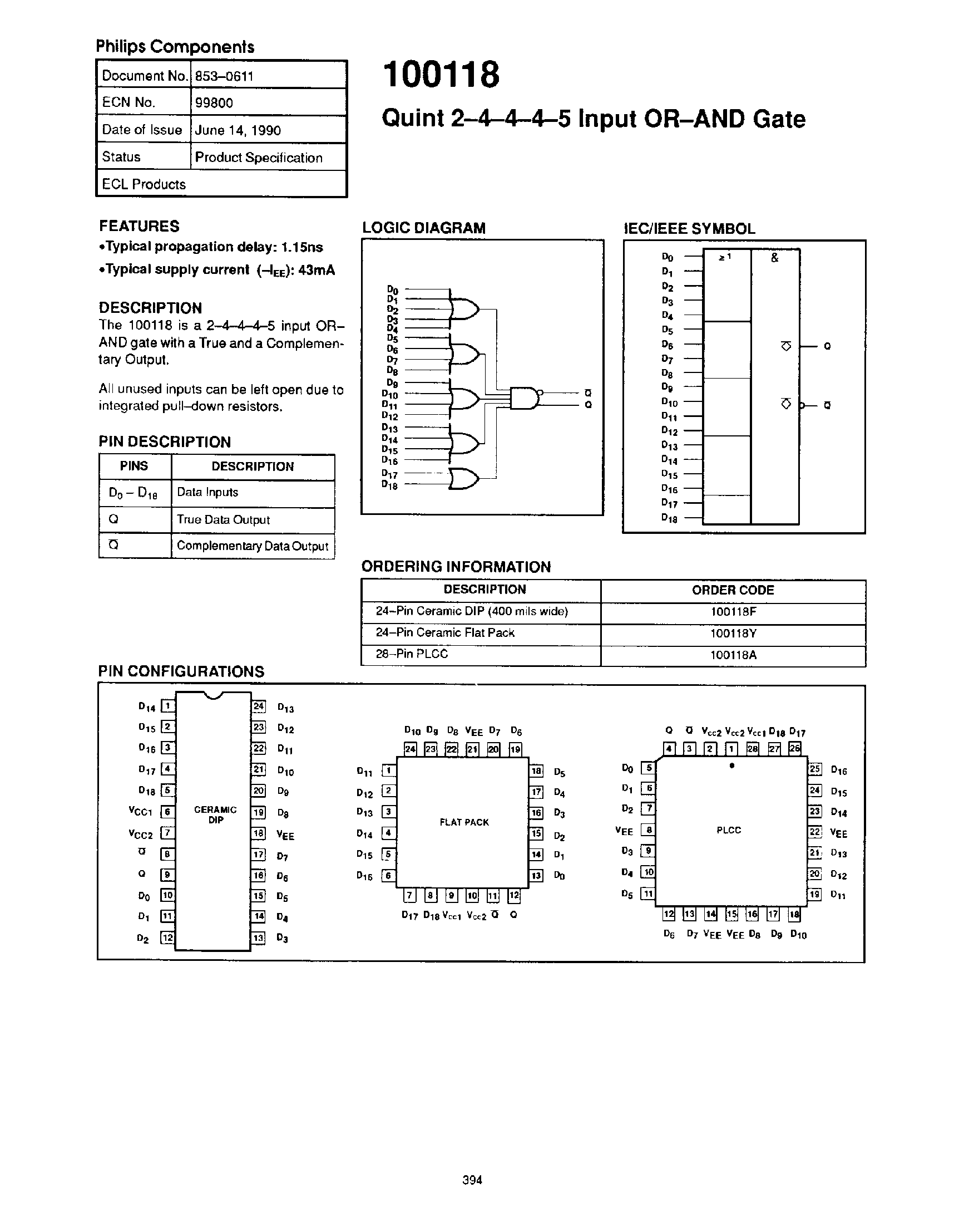 Datasheet 100118 page 1 Datasheet 100118 - Quint 2-4-4-4-5 Input OR-AND Gate page 1