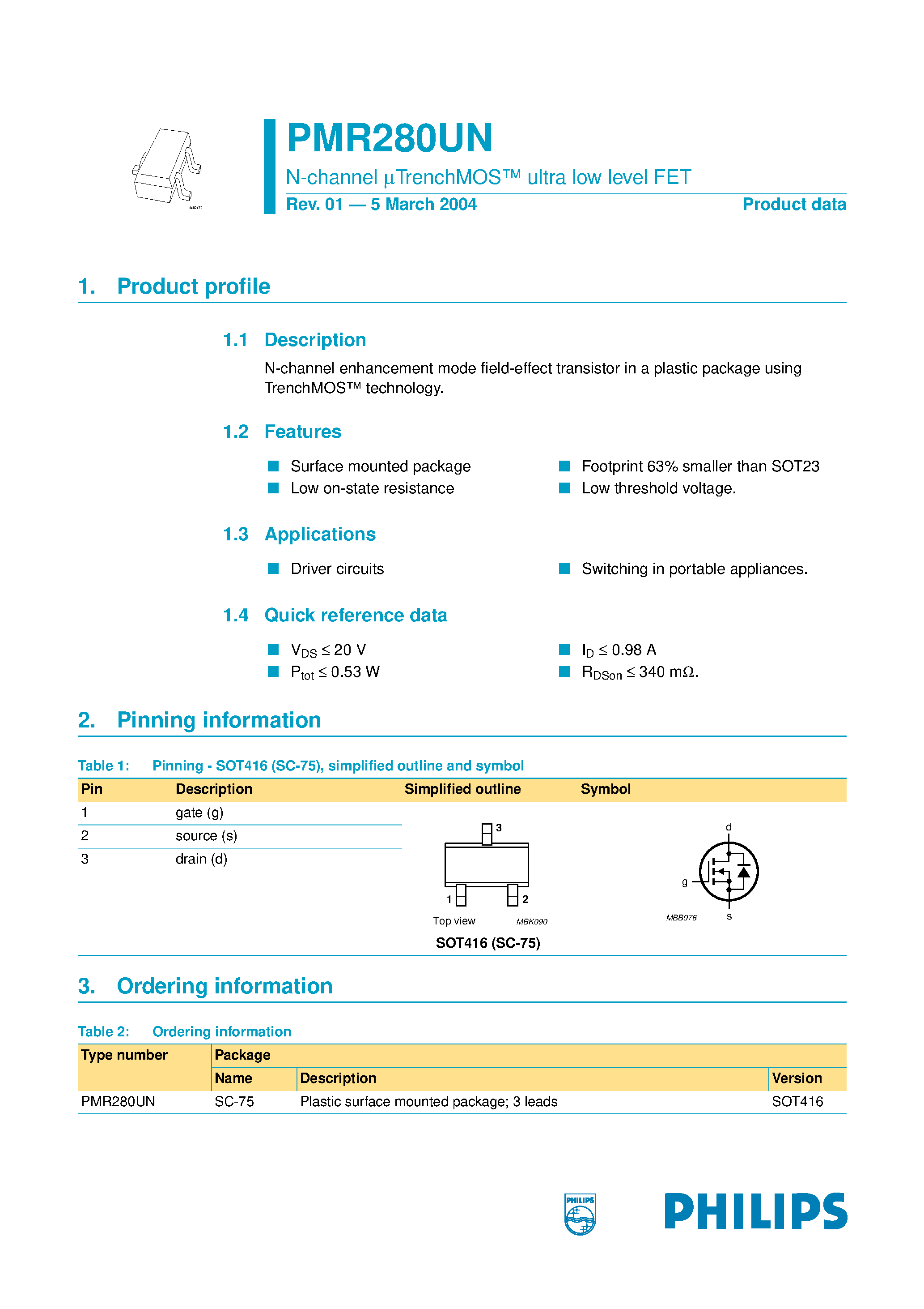 Datasheet PMR280UN - N-channel mTrenchMOS ultra low level FET page 1