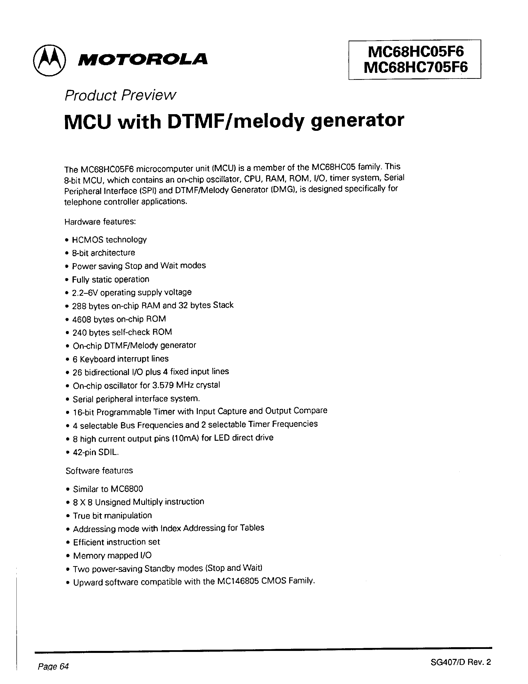 Даташит MC68HC705F6 - MCU with DTMF/melody generator страница 1