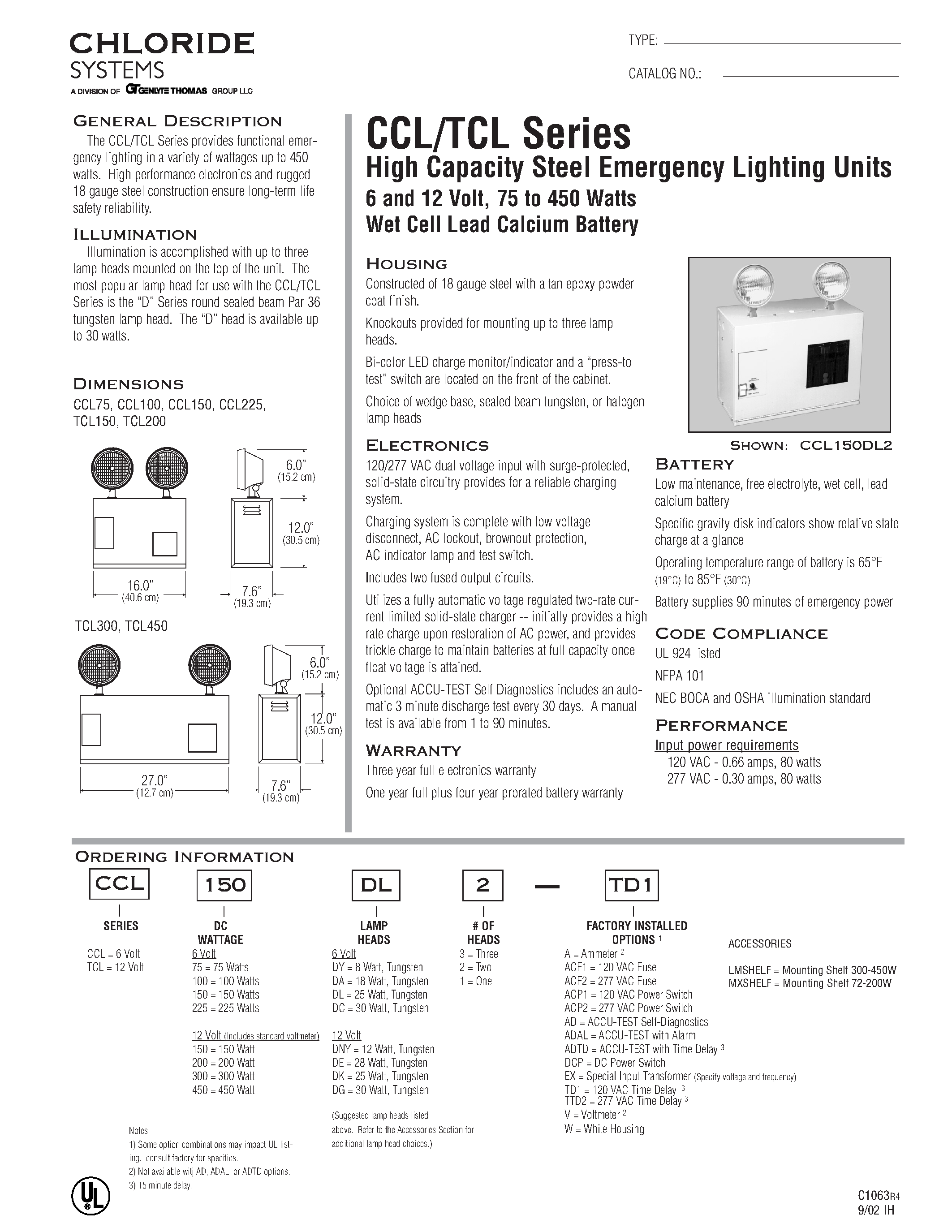 Даташит TCL200 - TCL Series / High Capacity Steel Emergency Lighting Units страница 1