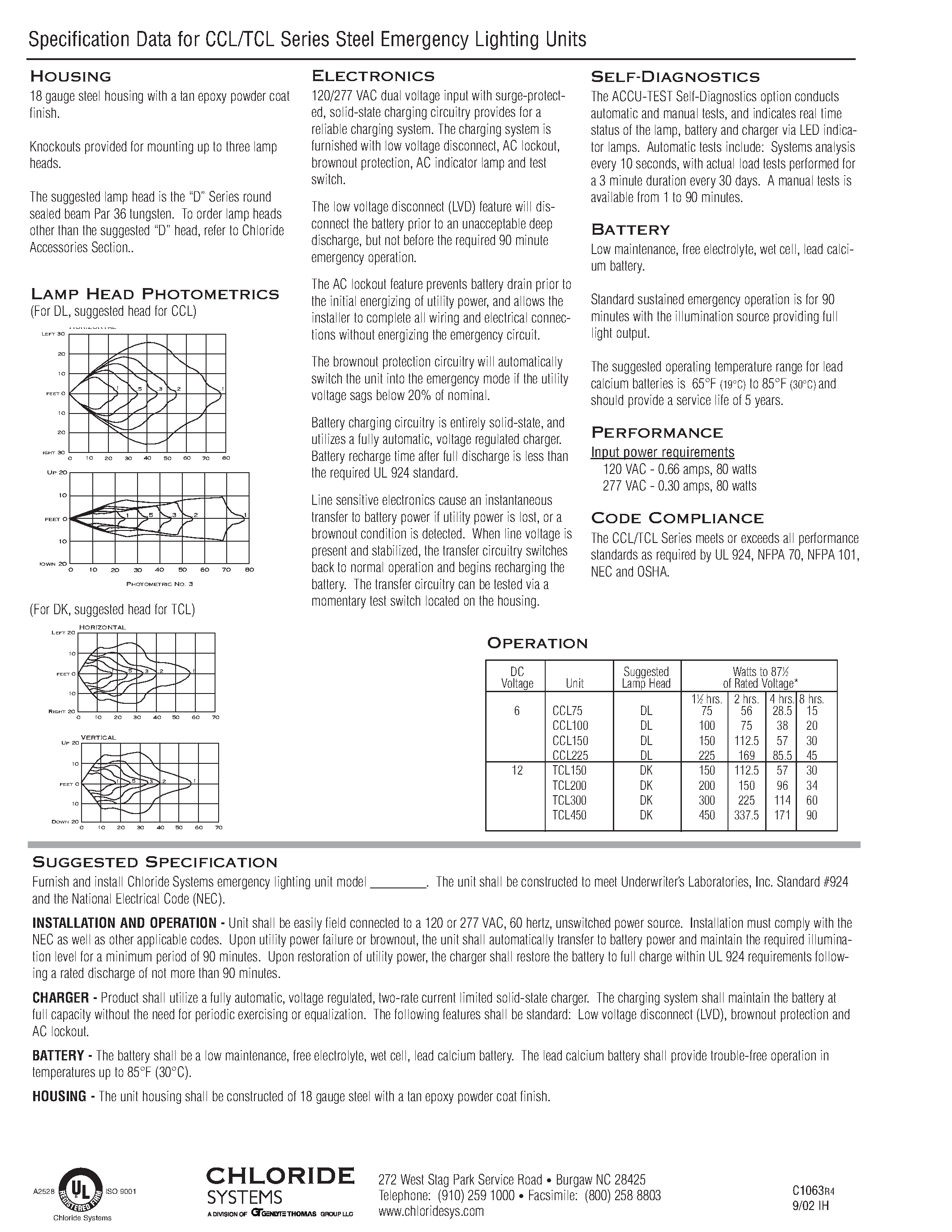 Даташит TCL200 - TCL Series / High Capacity Steel Emergency Lighting Units страница 2