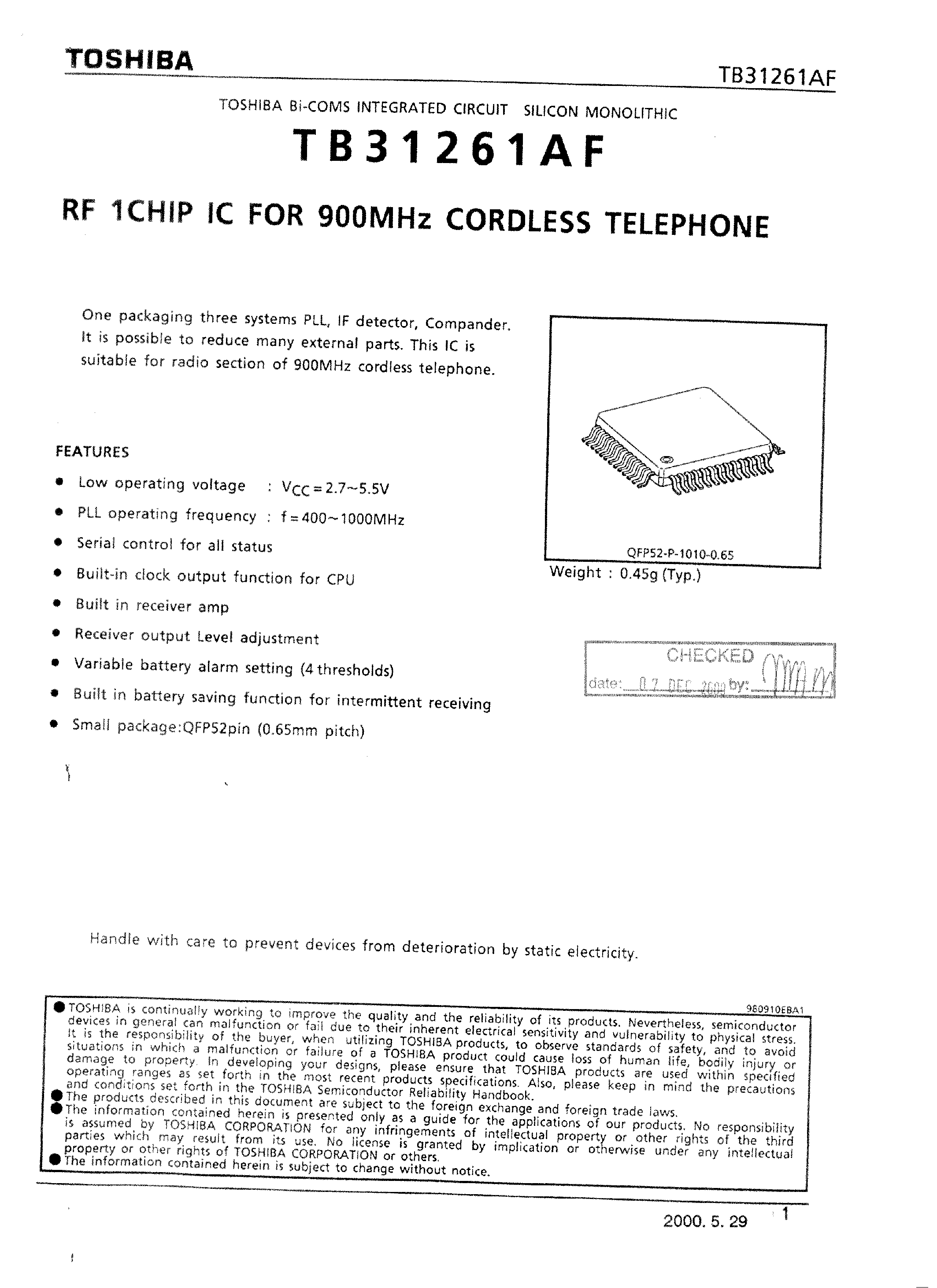 Datasheet TB31261AF - RF 1 Chip IC for 900 Mhz Cordless Telephone page 1
