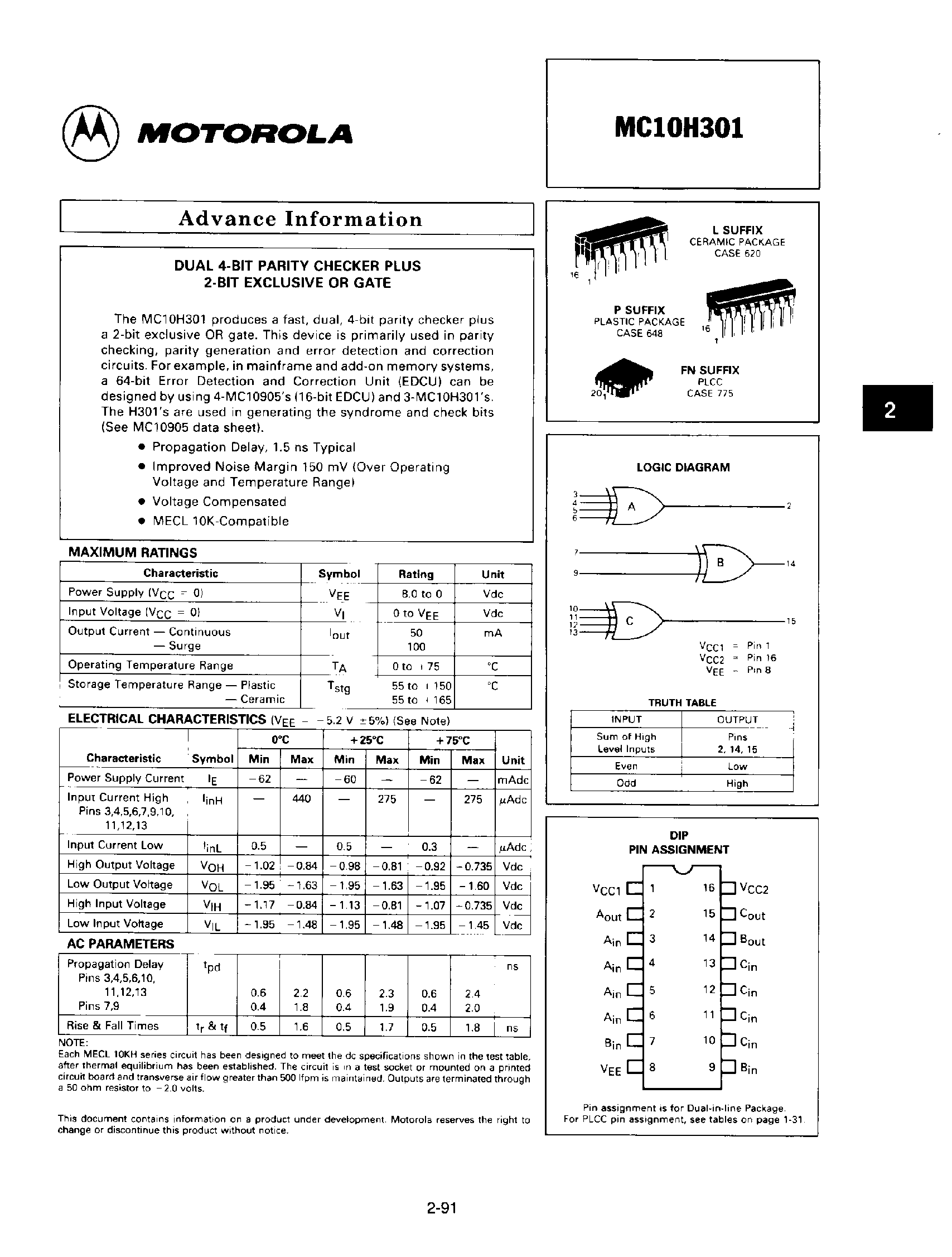 Datasheet MC10H301 - Dual 4 Bit Parity Checker Plus / 2 Bit Exclusive OR Gate page 1