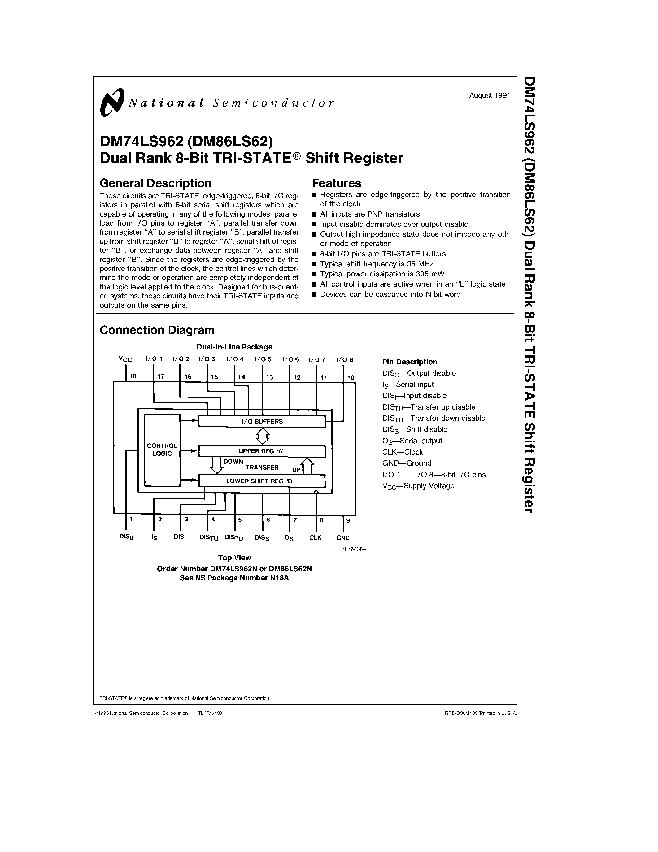 Datasheet DM74LS962 - Dual Rank 8-Bit TRI-STATE Shift Register page 1