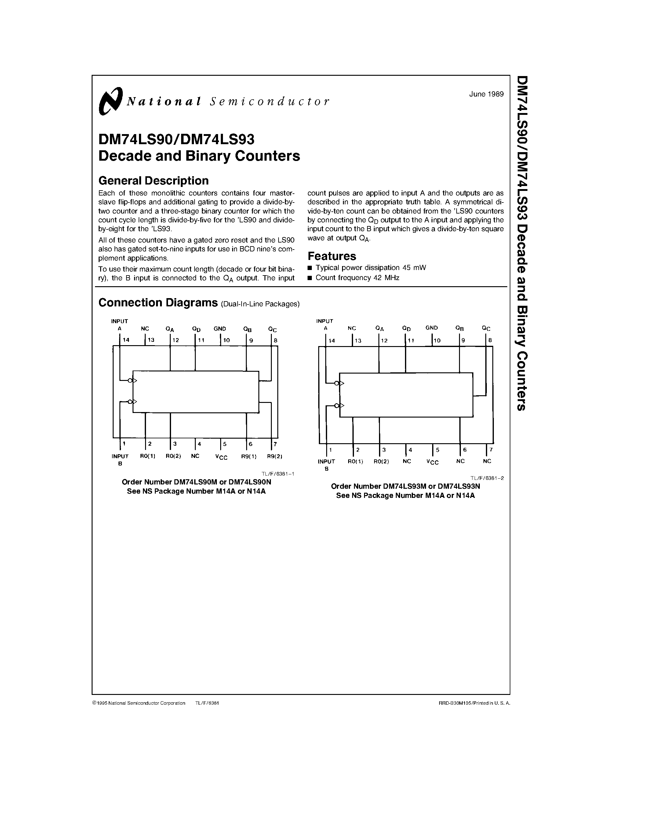 Datasheet DM74LS93 page 1 Datasheet DM74LS93 - Decade and Binary Counters page 1