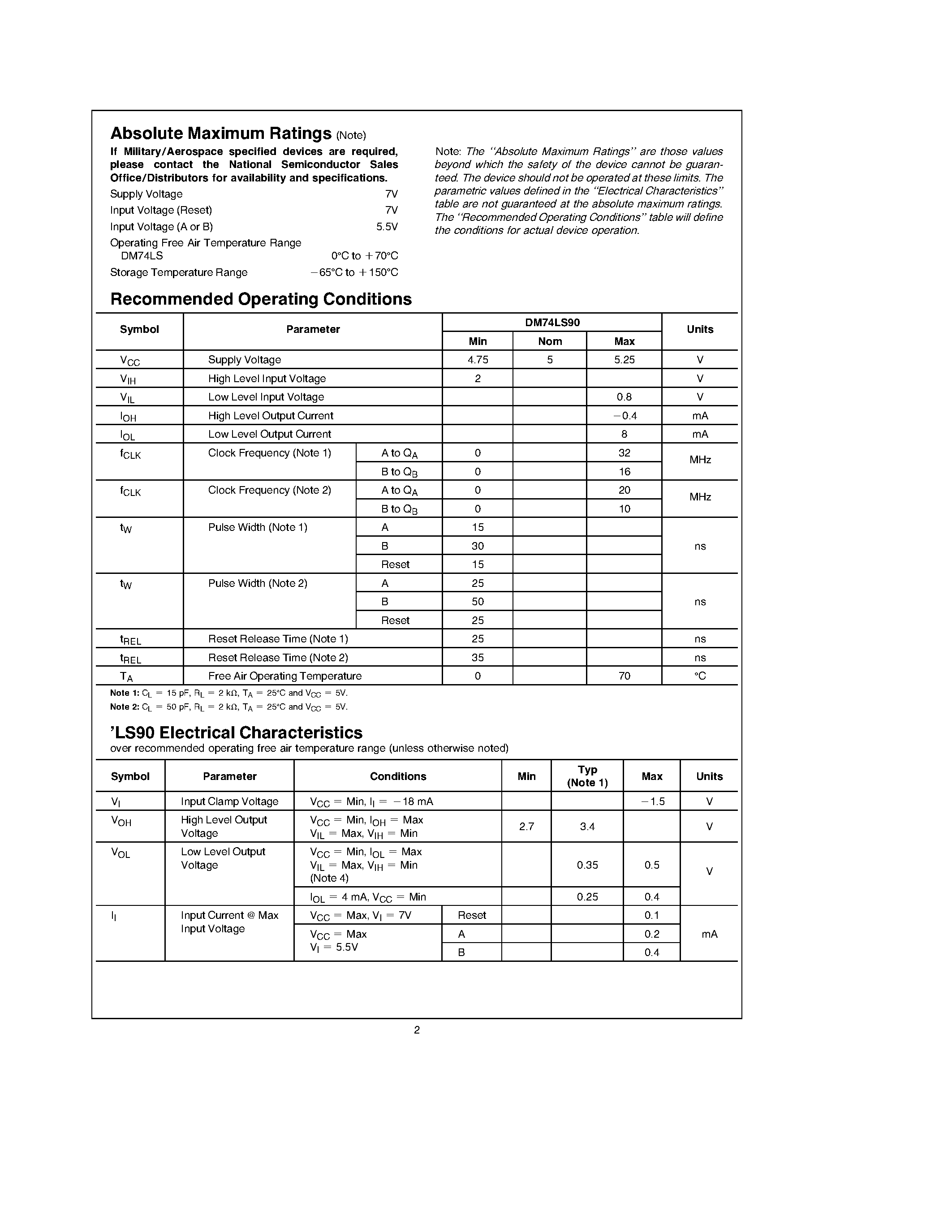 Datasheet DM74LS93 page 2 Datasheet DM74LS93 - Decade and Binary Counters page 2