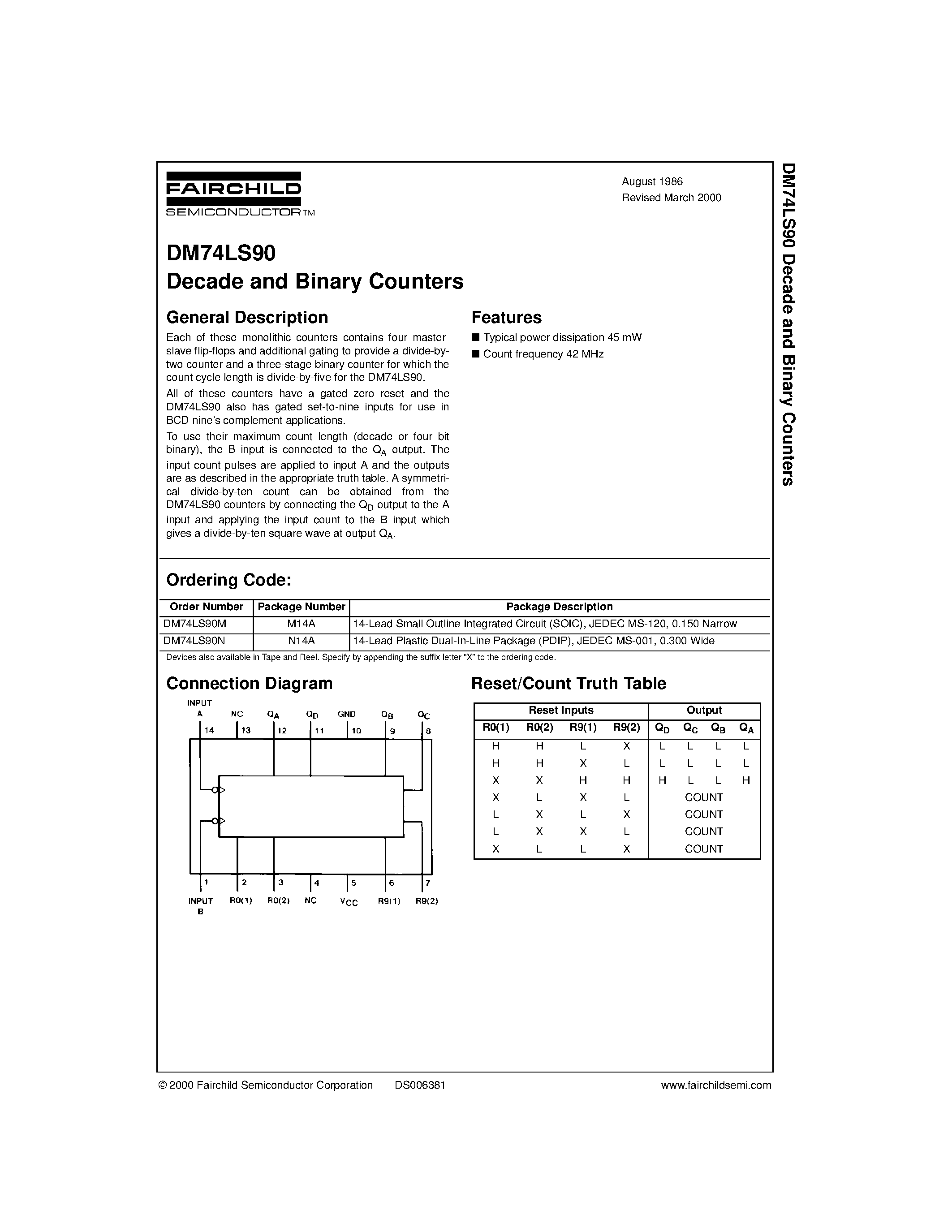 Datasheet DM74LS90 page 1 Datasheet DM74LS90 - Decade and Binary Counters page 1