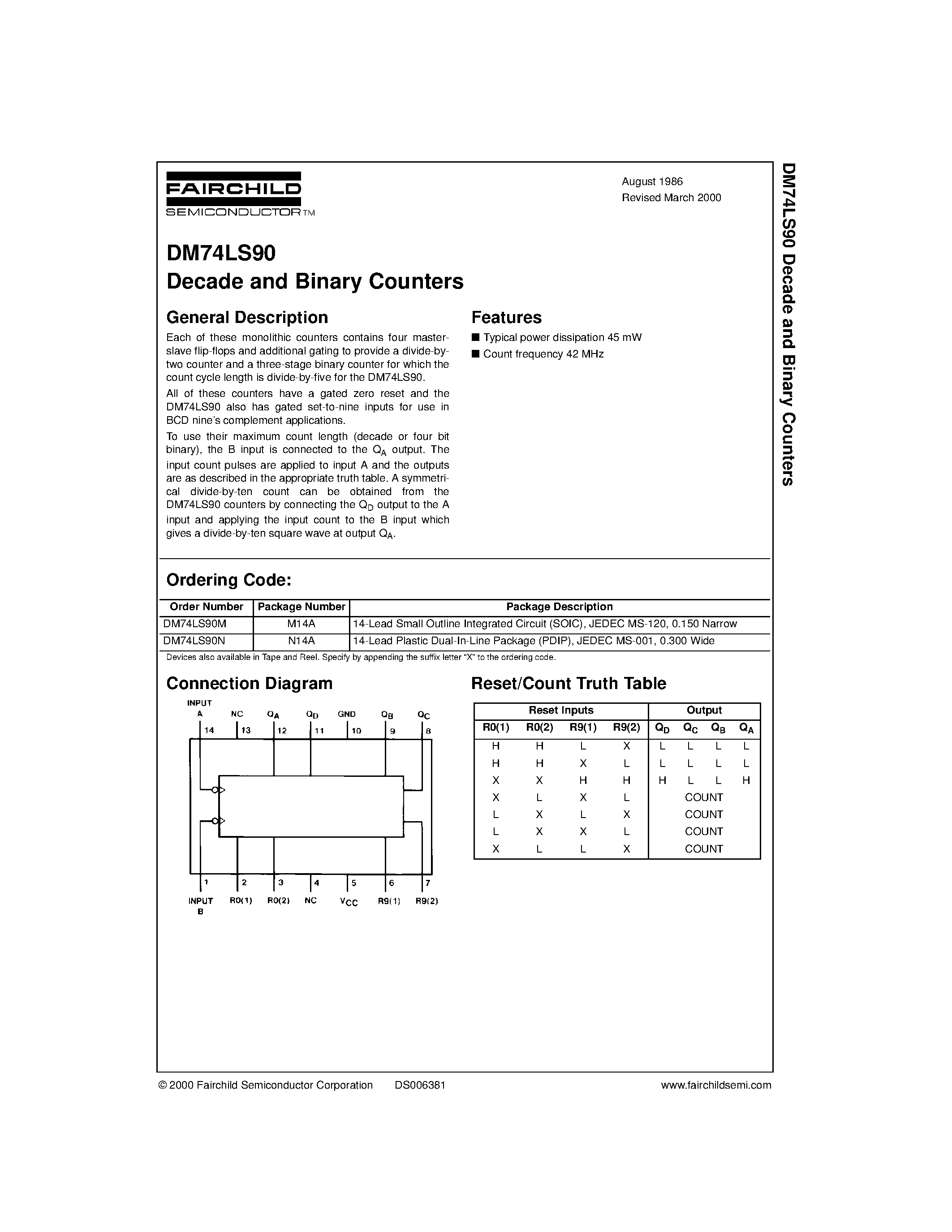Datasheet DM74LS90 - Decade and Binary Counters page 1