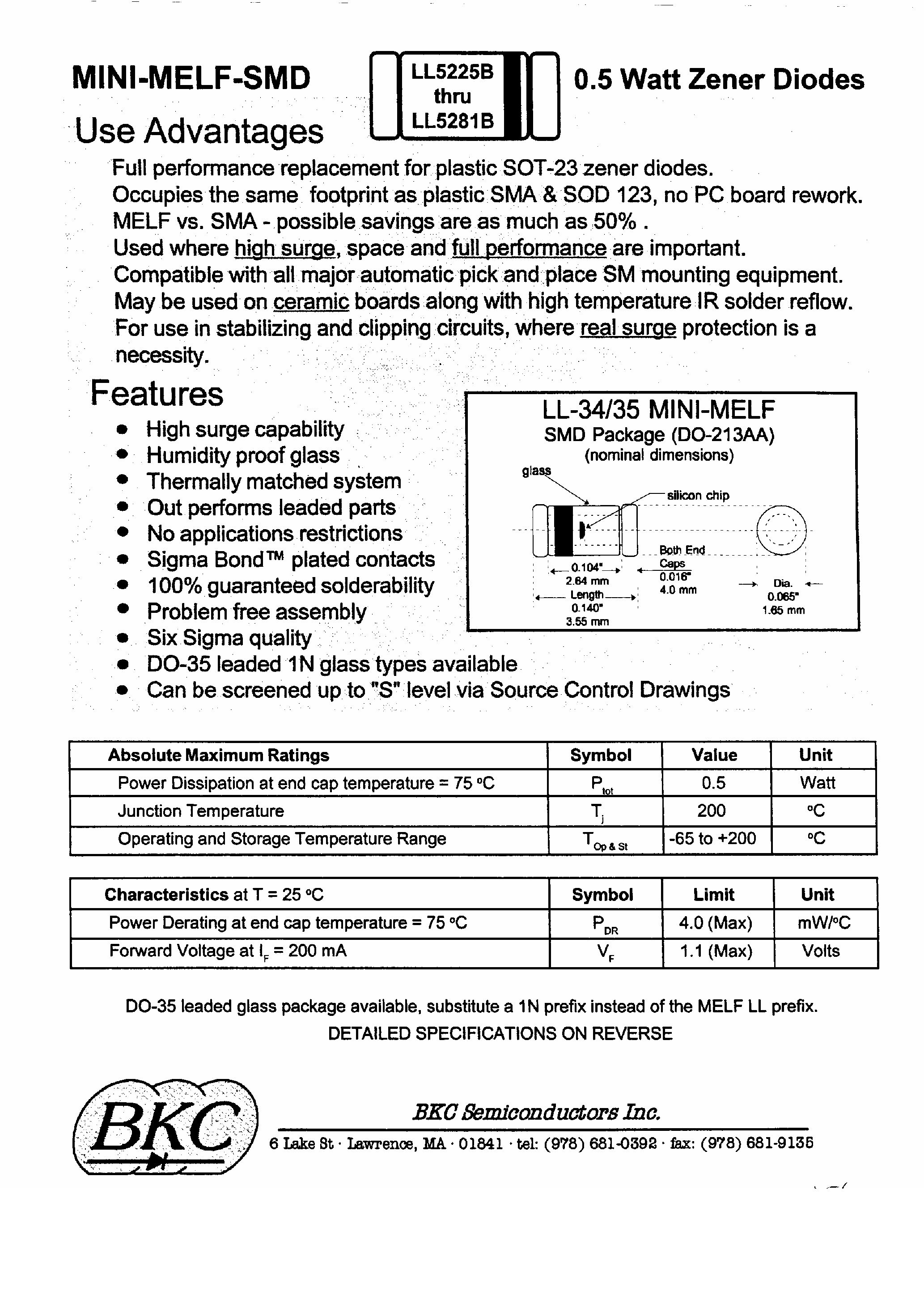 Datasheet LL5230B - (LL5231B) 0.5 Watt Zener Diodes page 1