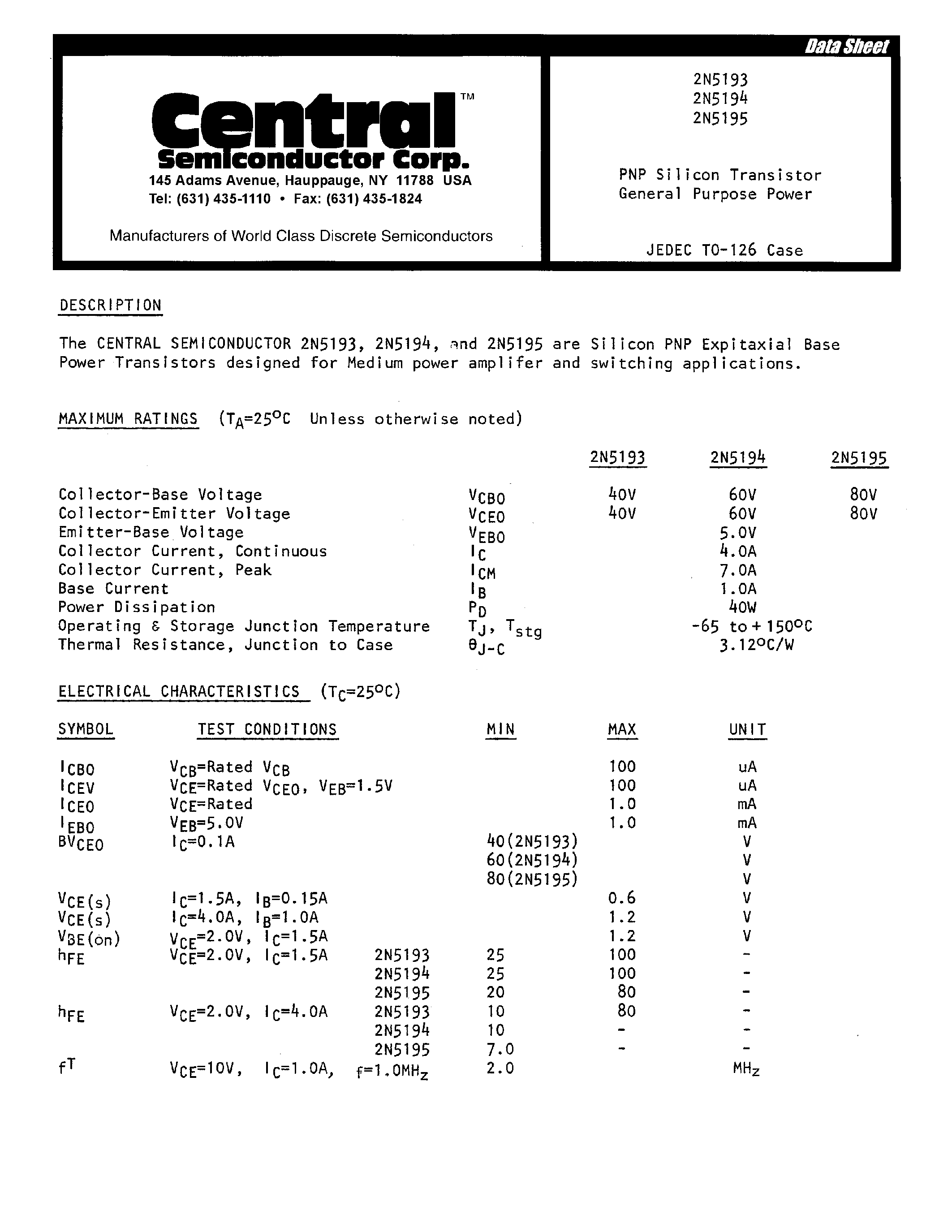 Datasheet 2N5193 - (2N5194 / 2N5195) PNP Silicon Transistor page 1
