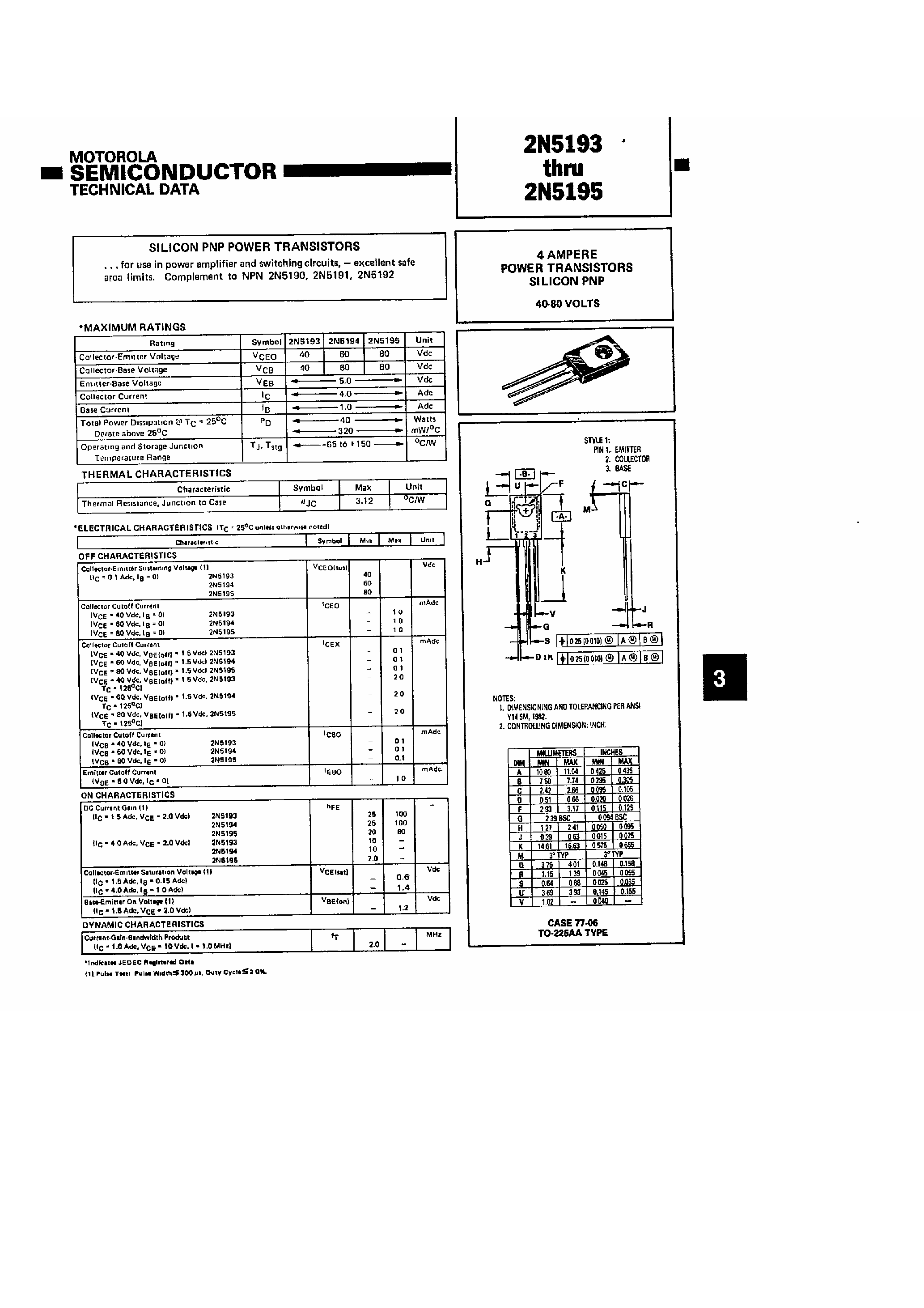 Datasheet 2N5193 - (2N5194 / 2N5195) 2 Ampere Power Transistors Silicon PNP page 1