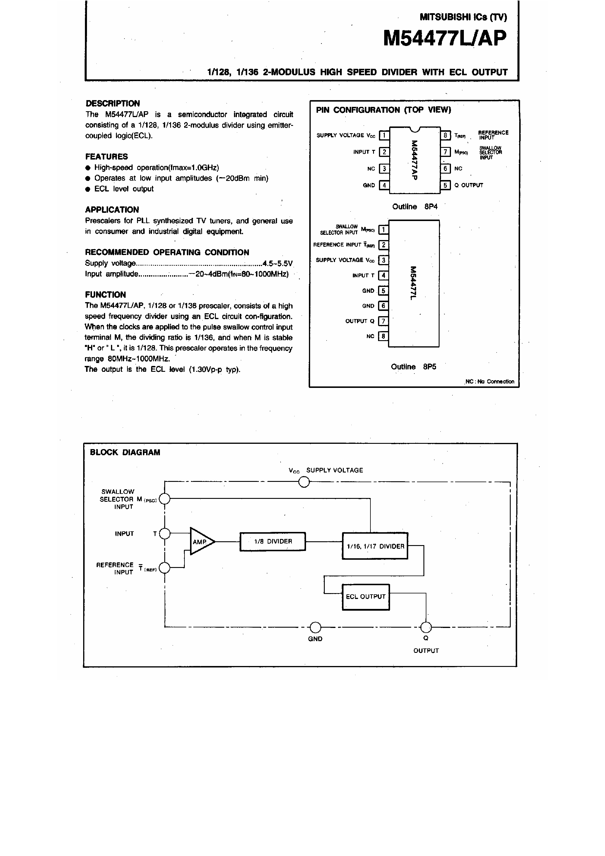 Даташит на микросхему M54477 страница 1 Даташит M54477 - 2 Modulus High Speed Divider страница 1