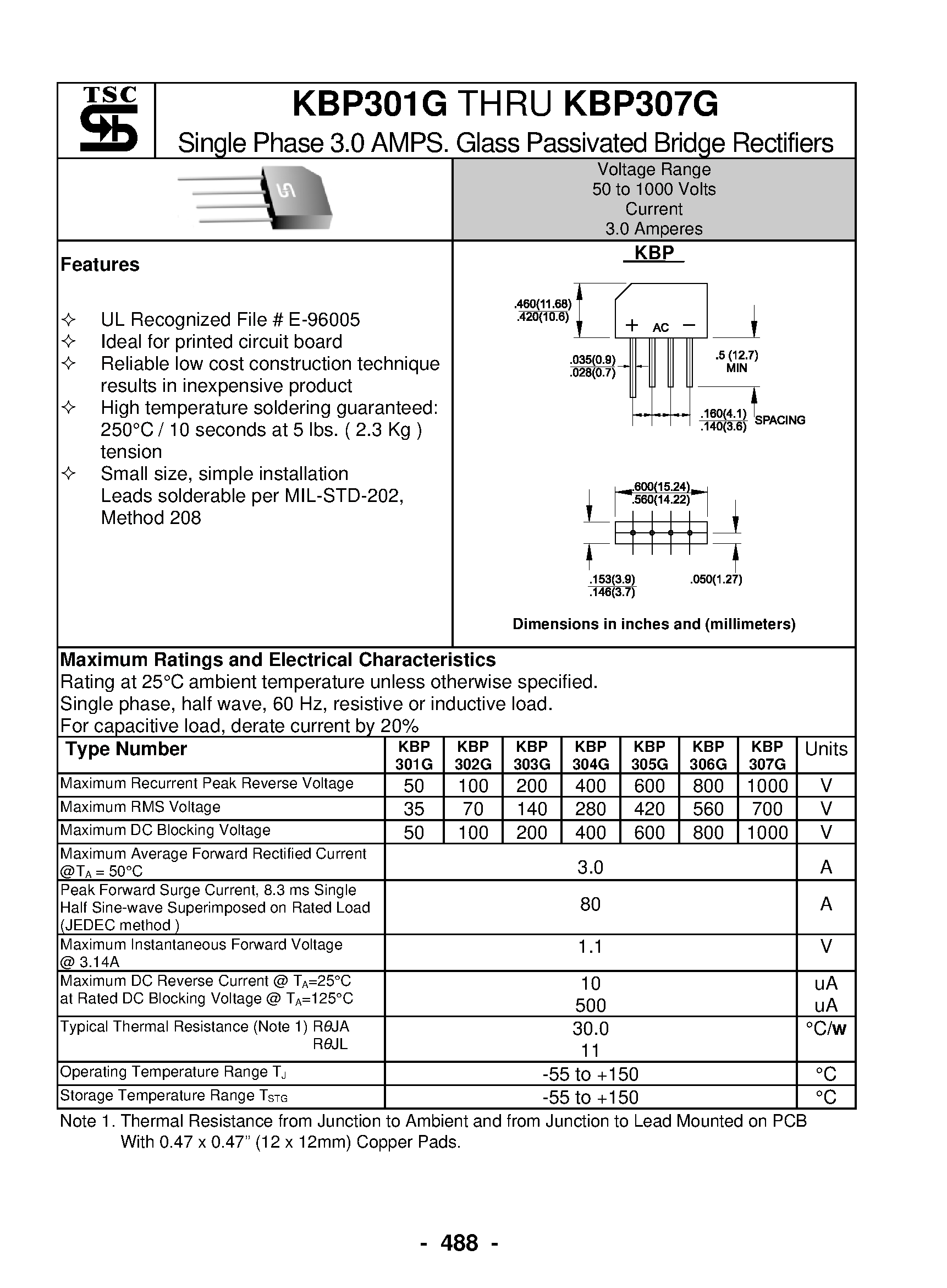 Datasheet KBP307G - (KBP301G - KBP307G) Single Phase 3.0 AMPS. Glass Passivated Bridge Rectifiers page 1